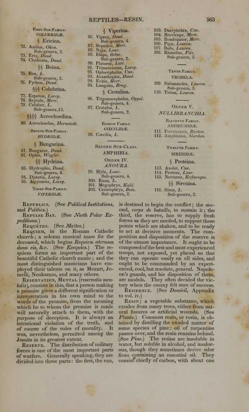 First Sub-Family. COLUBRIDJE. § Ericina. 72. Anilius, Oken. Sub-genera, 2. 73. Erix, Daud. 74. Clothonia, Daud. §§ Boina. 75. Boa, L. Sub-genera, 2. 7G. Python, Daud. §§§ Colubrina. 77. Erpeton, Lacep. 78. Scytale, Merr. 79. Coluber, Z,. Sub-genera,13. §§§§ Acrochordina. 80. Acrochordus, Hornstedt. Second Sub-Family. HYDRIDJE. § Bungarina. 81. Bungarus, Daud. 82. Ophis, Wagler. §§ Hydrina. 83. Hydrophis, Daud. Sub-genera, 4. 84. Disteria, Lacep. 85. Aipysurus, Lacep. Third Sub-Family. V1PERIBJE. § Viperina. 86. Vipera, Daud. Sub-genera, 4. 87. Sepedon, Merr. 88. Naja, Laur. 89. Eiaps, Schw. Sub-genera, 2. 90. Platurus, Latr. 91. Trimeresurus, Lacep. 92. Oplocephalus, Cuv. 93. Acanthophis, Daud. 94. Echis, J/«rr. 95. Langaha, Brug. § Crotalina. 96. Trigonoceplialus, Oppel. ftub-genera, 4. 97. Crotalus, L. Sub-genera, 2. Eighth Family. CCECILID^E. 98. Ccecilia, L. 99 Second Sub-Class. AMPHIBIA. Order IV. ANOURA. Hyla, Laur. Sub-genera, 4. 100. Rana, L. 101. Megophrys, Kuhl. 102. Ceratophrys, Bote. Sub-genera, 2. 103. Dactylethra, Cuv. 104. Breviceps, Merr. 105. Bombinator, Merr. 10C. Pipa, Lauren. 107. Bufo, Lauren. 108. Rhinellus, Fitz. Sub-genera, 3. Tenth Family. URODELA. 109. Salamandra, Lauren. Sub-genera, 3. 110. Triton, Lauren. Order V. NULL IBRA NCHIA. Eleventh Family. AMPHIUMIM!. 111. Prolonopsis, Barton. 112. Amphiuma, Garden. Twelfth Family. SIRENID^E. § Proteina. 113. Axolot, Cuv. 114. Proteus, Laur. 115. Necturus, Rafinesque. §§ Sirenina. 116. Siren, L. Sub-genera, 2. Republics. (See Political Institutions, and Politics.) Repulse Bay. (See North Polar Ex- peditions.) Requetes. (See Maitre.) Requiem, in the Roman Catholic church; a solemn musical mass for the deceased, which begins Requiem alernam dona eis, &c. (See Exequies.) The re- quiem forms an important part of the beautiful Catholic church music; and the most distinguished musicians have em- ployed their talents on it, as Mozart, Jo- melli, Neukamm, and many others. Reservation, Mental (reservatio men- talis), consists in this, that a person making a promise gives a different signification or interpretation in his own mind to the words of the promise, from the meaning which he to whom the promise is made will naturally attach to them, with the purpose of deception. It is always an intentional violation of the truth, and of course of the rules of morality. It was, nevertheless, permitted among the Jesuits in its greatest extent. Reserve. The distribution of military forces is one of the most important parts of warfare. Generally speaking, they are divided into three parts: the first, the van, is destined to begin the conflict; the sec- ond, corps de bataille, to sustain it; the third, the reserve, has to supply fresh forces as they are needed, to support those points which are shaken, and to be ready to act at decisive moments. The com- position and disposition of the reserve is of the utmost importance. It ought to be composed of the best and most experienced troops, not exposed, yet placed so that they can operate easily on all sides, and ought to be commanded by an experi- enced, cool, but resolute, general. Napole- on's guards, and his disposition of them, are models. They often decided the vic- tory when the enemy felt sure of success. Residence. (See Domicil, Appendix to vol. iv.) Resin ; a vegetable substance, which exudes from many trees, either from nat- ural fissures or artificial wounds. (See Plants.) Common resin, or rosin, is ob- tained by distilling the exuded matter of some species of pine: oil of turpentine passes over, and the resin remains behind. (See Pine.) The resins are insoluble in water, but soluble in alcohol, and inodor- ous, though they sometimes derive odor from containing an essential oil. They consist chiefly of carbon, with about one