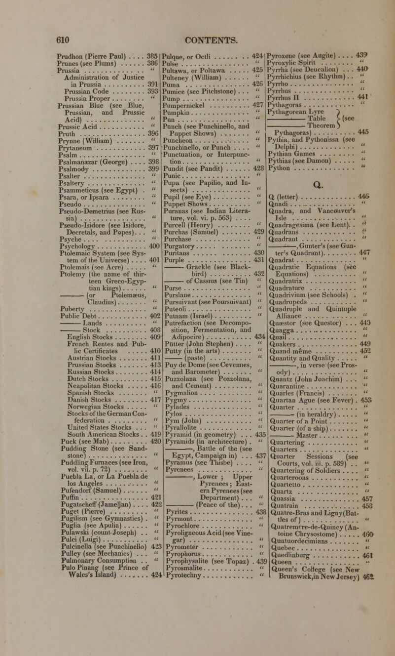 Prudhon (Pierre Paul) 385 Prunes (see Plums) 386 Prussia  Administration of Justice in Prussia 391 Prussian Code 393 Prussia Proper  Prussian Blue (see Blue, Prussian, and Prussic Acid)  Prussic Acid  Pruth 396 Prynne (William)  Prytaneum 397 Psalm  Psalmanazar (George) .... 398 Psalmody 399 Psalter  Psaltery  Psammeticus (see Egypt) .  Psara, or Ipsara  Pseudo  Pseudo-Demetrius (see Rus- sia)  Pseudo-Isidore (see Isidore, Decretals, and Popes). . .  Psvche  Psychology 400 Ptolemaic System (see Sys- tem of the Universe) .... 401 Ptolemais (see Acre)  Ptolemy (the name of thir- teen Greco-Egyp- tian kings)  (or Ptolemaeus, Claudius)  Puberty  Public Debt 402 Lands Stock 408 English Stocks 409 French Rentes and Pub- lic Certificates 410 Austrian Stocks 411 Prussian Stocks 413 Russian Stocks 414 Dutch Stocks 415 Neapolitan Stocks 416 Spanish Stocks  Danish Stocks 417 Norwegian Stocks  Stocks of the German Con- federation  United States Stocks ...  South American Stocks . . 419 Puck (see Mab) 420 Pudding Stone (see Sand- stone)  Puddling Furnaces (see Iron, yoI. vii. p. 72)  Puebla La, or La Pueblade los Angeles ■. . . .  Pufendorf (Samuel)  Puffin 421 Pugatschefr<Jameljan) .... 422 Puget (Pierre)  Pugilism (see Gymnastics) .  Puglia (see Apulia)  Pulawski (count Joseph) . .  Pulci (Luigi)  Pulcinella (see Punchinello) 423 Pulley (see Mechanics) ...  Pulmonary Consumption . .  Pulo Pinang (see Prince of Wales's Island) 424 Pulque, or Oclli 424 Pulse  Pultawa, or Poltawa 425 Pulteney (William)  Puma . 426 Pumice (see Pitchstone) ...  Pump  Pumpernickel 427 Pumpkin  Pun  Punch (see Punchinello, and Puppet Shows)  Puncheon  Punchinello, or Punch ....  Punctuation, or Interpunc- tion  Pundit (see Pandit) 428 Punic  Pupa (see Papilio, and In- sects)  Pupil (see Eye)  Puppet Shows  Puranas (see Indian Litera- ture, vol. vi. p. 563) .... Purcell (Henry)  Purchas (Samuel) 429 Purchase Purgatory Puritans 430 431 Purple Grackle (see Black- bird) 432 of Cassius (see Tin) 439 440 Pyroxene (see Augite) . . . Pyroxylic Spirit Pyrrha (see Deucalion) . Pyrrhichius (see Rhythm). .  Pyrrho  Pvrrhus  Pyrrhus II 441 Pythagoras  Pythagorean Lyre ^ Table > (see Theorem Pythagoras) 445 Pythia. and Pythonissa (see Delphi)  Pythian Games  Pythias (see Damon)  Python  a. Q (letter) 446 Quadi  Quadra, and Vancouver's Isle  Quadragesima (see Lent). .  Quudrans  Quadrant  , Gunter's (sec Gun- Purse Purslane  Pursuivant (see Poursuivant)  Puteoli  Putnam (Israel)  Putrefaction (see Decompo- sition, Fermentation, and Adipocire) 434 Potter (John Stephen) ....  Putty (in the arts)  (paste)  Puy de Dome (see Cevennes, and Barometer)  Puzzolana (see Pozzolana, and Cement)  Pygmalion  Pygmy  Pylades  Fylos  Pym (John)  Pyrallolite  Pyramid (in geometry) . . . 435 Pyramids (in architecture) . , Battle of the (see ter's Quadrant) . 447 Quadrat  Quadratic Equations (see Equations)  Quadratrix  Quadrature  Quadrivium (see Schools) .  Quadrupeds  Quadruple and Quintuple Alliance  Quaestor (see Questor) . . . 443 Quagga  Quail  Quakers 449 Quand rneme 452 Quantity and Quality  -, in verse'(see Pros- 437 Egypt, Campaign in) Pyramus (see Thisbe) ....  Pyrenees  , Lower ; Upper Pyrenees; Last- em Pyrenees (see Department) ...  (Peace of the) 438 Pyrites . Pyrmont. . Pyrochlore  Pyroligneous Acid (see Vine- gar)  Pyrometer  Pyrophorus  Pyrophysalite (see Topaz) . 439 Pyrosmalite  Pyrotechny  ody) Quantz (John Joachim) ...  Quarantine  Quarles (Francis)  Quartan Ague (see Fever) . 453 Quarter  (in heraldry) Quarter of a Point  Quarter (of a ship)  Master  Quartering Quarters  Quarter Sessions (see Courts, vol. iii. p. 589) . . ' Quartering of Soldiers ....  Quarteroons  Quartetto  Quartz  Quassia 457 Quatrain 458 Quatre-Bras and Ligny(Bat- tles of)  Quatremere-de-Quincy (An- toine Chrysostome) 460 Quatuordecimians  Quebec  Quedlinburg 461 Queen •• Queen's College (see New Brunswick,in New Jersey) 462.