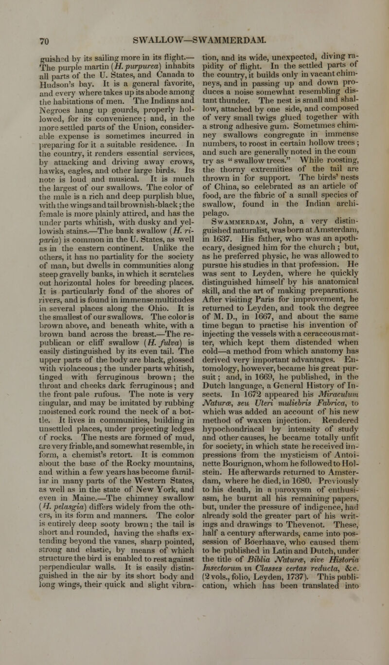 guished by its sailing more in its flight.— The purple martin {H.purpurea) inhabits all parts of the U. States, and Canada to Hudson's bay. It is a general favorite, and every where takes up its abode among the habitations of men. The Indians and Negroes hang up gourds, properly hol- lowed, for its convenience; and, in the more settled parts of the Union, consider- able expense is sometimes incurred in ])reparing for it a suitable residence. In the country, it renders essential services, by attacking and driving away crows, hawks, eagles, and other large birds. Its note is loud and musical. It is much the largest of our swallows. The color of the male is a rich and deep purplish blue, with the wings and tail brownish-black; the female is more plainly attired, and has the under parts whitish, with dusky and yel- lowish stains.—The bank swallow (H. ri- paiia) is common in the U. States, as well as in the eastern continent. Unlike the others, it has no partiality for the society of man, but dwells in communities along steep gravelly banks, in which it scratclies out horizontal holes for breeding places. It is particularly fond of the shores of rivers, and is found in immense multitudes in several places along the Ohio. It is the smallest of our swallows. The color is brown above, and beneath white, with a brown band across the breast.—The re- publican or cliff swallow (H. fulva) is easily distinguished by its even tail. The upper parts of the body are black, glossed with violaceous; the under parts whitish, tinged with fei-ruginous brown; the throat and cheeks dark ferruginous; and tlie front pale rufous. The note is very i;ingular, and may be imitated by rubbing moistened cork round the neck of a bot- tle. It lives in communities, building in imsettled places, under projecting ledges of rocks. The nests are formed of mud, £.re very friable, and somewhat resemble, in form, a chemist's retort. It is common aljout the base of the Rocky mountains, and within a few years has become famil- iar in many paits of the Western States, as well as in the state of New York, and even in Maine.—The chimney swallow (fJ. pelasgia) differs widely from the oth- ers, in its form and manners. The color is entirely deep sooty brown; the tail is short and rounded, having the shafts ex- tending beyond the vanes, sharp pointed, strong and elastic, by means of which structure the bird is enabled to rest against perpendicular walls. It is easily distin- guished in the air by its short body and long wings, their quick and slight vibra- tion, and its wide, unexpected, diving ra- pidity of flight. In the settled parts of the country, it builds only in vacant chim- neys, and in passing up and down pro- duces a noise somewhat resembling dis- tant thunder. The nest is small and shal- low, attached by one side, and composed of very small twigs glued together with a strong adhesive gum. Sometimes chim- ney swallows congregate in immense numbers, to roost in certain hollow trees ; and such are generally noted in the coun try as  swallow trees. While roosting, the thorny extremities of the tail are thrown in for support. The birds' nests of China, so celebrated as an article of food, are the fabric of a small species of swallow, found in the Indian archi- pelago. SwAMMERDAM, Johu, a vcry distin- guished naturalist, was born at Amsterdam, in 1637. His father, who was an apoth- ecary, designed him for the church ; but, as he preferred physic, he was allowed to pursue his studies in that profession. He was sent to Leyden, where he quickly distinguished himself by his anatomical skill, and the art of making preparations. After visiting Paris for improvement, he returned to Leyden, and took the degree of M. D., in 1667, and about the same time began to practise his invention of injecting the vessels with a ceraceous mat- ter, which kept them distended when cold—a method from which anatomy has derived very important advantages. En- tomology, however, became his great pur- suit ; and, in 1669, he published, in the Dutch language, a General History of In- sects. In 1672 appeared his Miraculum JVaturoR, seu Uteri muliebris Fabrica, to which was added an account of his new method of waxen injection. Rendered hypochondriacal by intensity of study and other causes, he became totally unfit for society, in which state he received im- pressions from the mysticism of Antoi- nette Bourignon, whom he followed to Hol- stein. He afterwards returned to Amster- dam, where he died, in 1680. Previously to his death, in a ])aroxysm of enthusi- asm, he burnt all his remfiining papere, but, under the pressure of indigence, had already sold the greater part of his writ- ings and drawings to Thevenot. These, half a century afterwards, came into pos- session of Boerhaave, who caused them to be published in Latin and Dutch, under the title of Biblia JVatur«B, sive Historia Insedorum m Classes certas reducta, &c. (2 vols., folio, Leyden, 1737). This publi- cation, which has been translated uito