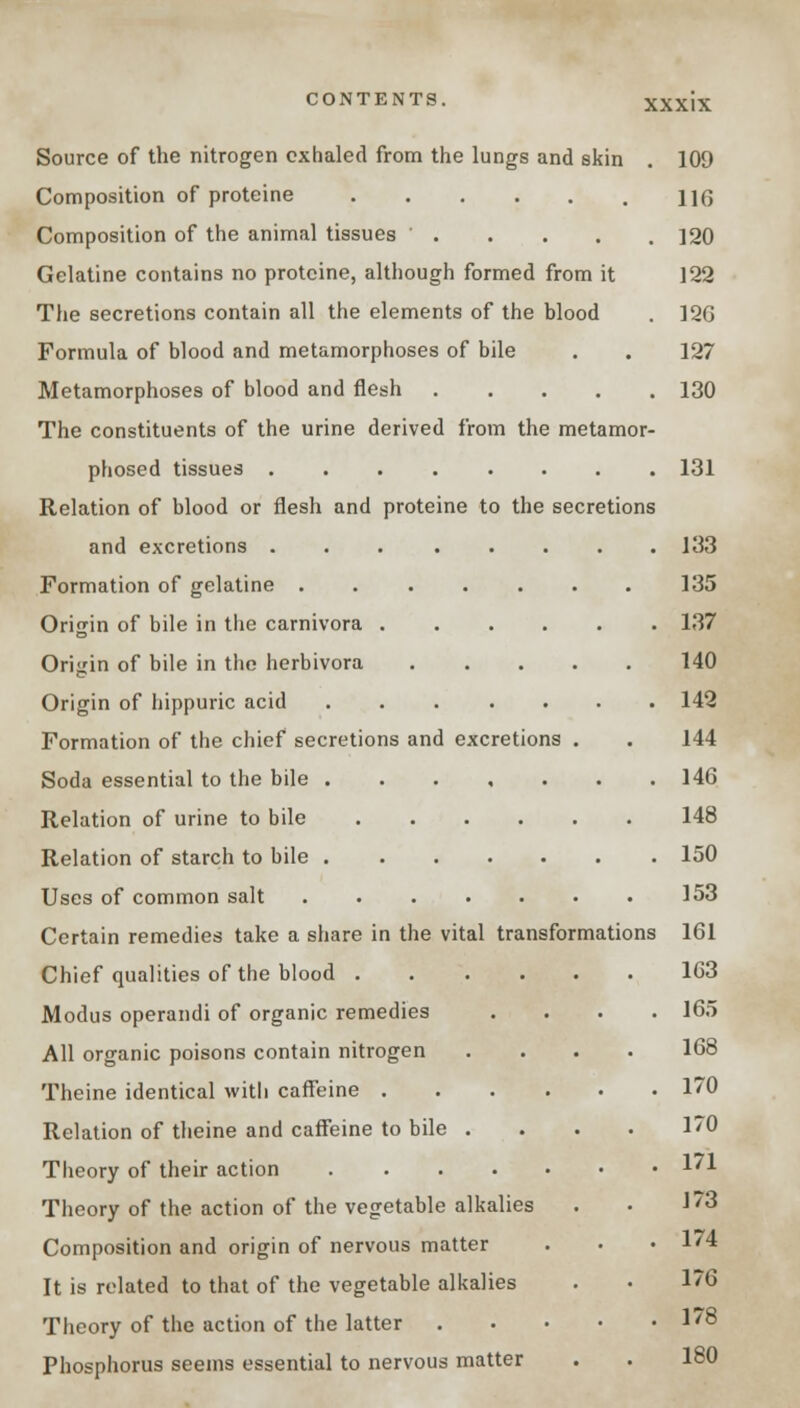 Source of the nitrogen exhaled from the lungs and skin . 109 Composition of proteine 116 Composition of the animal tissues 120 Gelatine contains no proteine, although formed from it 122 The secretions contain all the elements of the blood . 120 Formula of blood and metamorphoses of bile . . 127 Metamorphoses of blood and flesh 130 The constituents of the urine derived from the metamor- phosed tissues 131 Relation of blood or flesh and proteine to the secretions and excretions 133 Formation of gelatine 135 Origin of bile in the carnivora 137 Origin of bile in the herbivora 140 Origin of hippuric acid 142 Formation of the chief secretions and excretions . . 144 Soda essential to the bile 146 Relation of urine to bile 148 Relation of starch to bile 150 Uses of common salt . . . . . . . 153 Certain remedies take a share in the vital transformations 161 Chief qualities of the blood 163 Modus operandi of organic remedies .... 165 All organic poisons contain nitrogen .... 168 Theine identical with caffeine 170 Relation of theine and caffeine to bile . . . . 170 Theory of their action *■ Theory of the action of the vegetable alkalies . • J 73 Composition and origin of nervous matter . • • 174 It is related to that of the vegetable alkalies . • 176 Theory of the action of the latter 178 Phosphorus seems essential to nervous matter . . 180