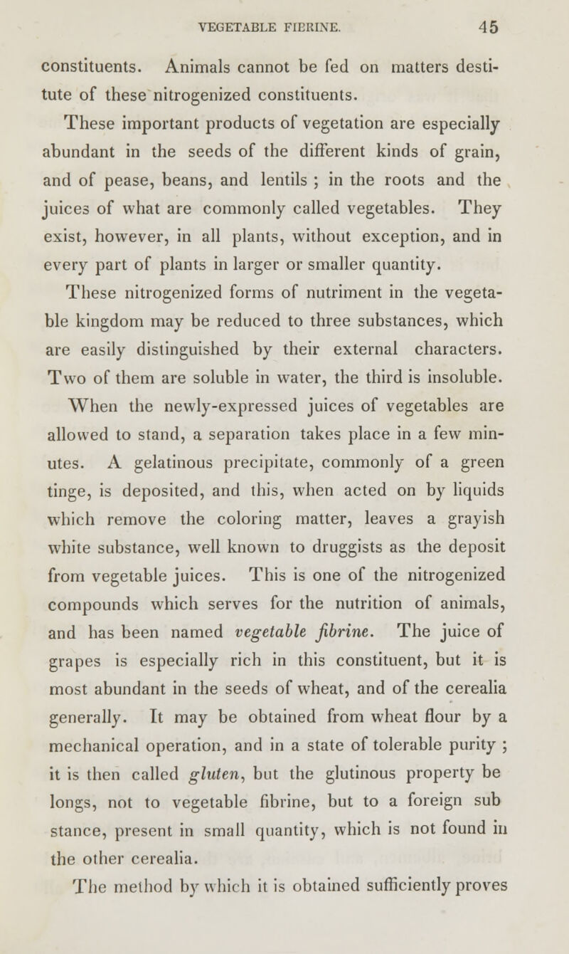 constituents. Animals cannot be fed on matters desti- tute of these nitrogenized constituents. These important products of vegetation are especially- abundant in the seeds of the different kinds of grain, and of pease, beans, and lentils ; in the roots and the juices of what are commonly called vegetables. They exist, however, in all plants, without exception, and in every part of plants in larger or smaller quantity. These nitrogenized forms of nutriment in the vegeta- ble kingdom may be reduced to three substances, which are easily distinguished by their external characters. Two of them are soluble in water, the third is insoluble. When the newly-expressed juices of vegetables are allowed to stand, a separation takes place in a few min- utes. A gelatinous precipitate, commonly of a green tinge, is deposited, and this, when acted on by liquids which remove the coloring matter, leaves a grayish white substance, well known to druggists as the deposit from vegetable juices. This is one of the nitrogenized compounds which serves for the nutrition of animals, and has been named vegetable Jibrine. The juice of grapes is especially rich in this constituent, but it is most abundant in the seeds of wheat, and of the cerealia generally. It may be obtained from wheat flour by a mechanical operation, and in a state of tolerable purity ; it is then called gluten, but the glutinous property be longs, not to vegetable fibrine, but to a foreign sub stance, present in small quantity, which is not found in the other cerealia. The method by which it is obtained sufficiently proves