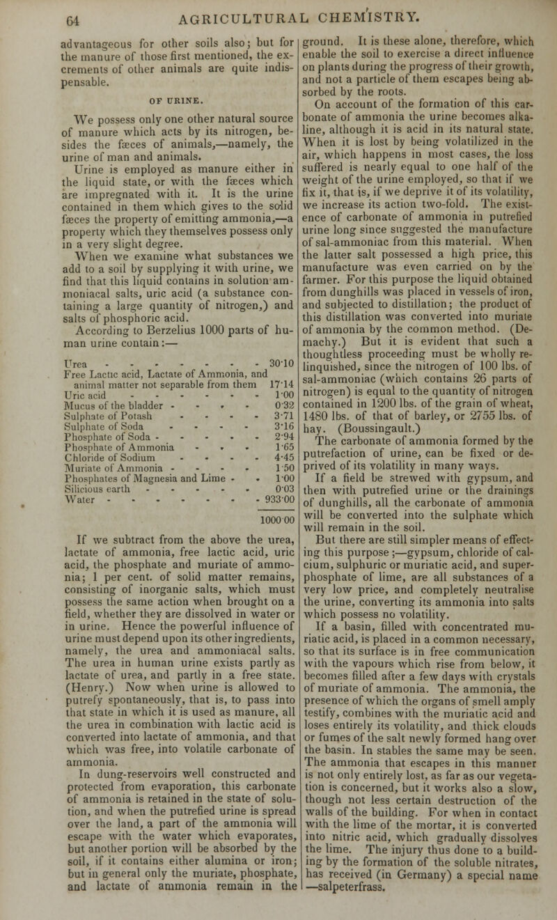 advantageous for other soils also; but for the manure of those first mentioned, the ex- crements of other animals are quite indis- pensable. OF URINE. We possess only one other natural source of manure which acts by its nitrogen, be- sides the faeces of animals,—namely, the urine of man and animals. Urine is employed as manure either in the liquid state, or with the faeces which are impregnated with it. It is the urine contained in them which gives to the solid foeces the property of emitting ammonia,—a property which they themselves possess only in a very slight degree. When we examine what substances we add to a soil by supplying it with urine, we find that this liquid contains in solution am- moniacal salts, uric acid (a substance con- taining a large quantity of nitrogen,) and salts of phosphoric acid. According to Berzelius 1000 parts of hu- man urine contain:— Urea - 30-10 Free Lactic acid, Lactate of Ammonia, and animal matter not separable from them 1714 Uric acid 100 Mucus of the bladder .... 032 Sulphate of Potash .... 3-71 Sulphate of Soda .... 3'16 Phosphate of Soda 294 Phosphate of Ammonia ... 1'65 Chloride of Sodium .... 4-45 Muriate of Ammonia - - - - 1'50 Phosphates of Magnesia and Lime . . 100 Silicious earth 003 Water 93300 1000 00 If we subtract from the above the urea, lactate of ammonia, free lactic acid, uric acid, the phosphate and muriate of ammo- nia; 1 per cent, of solid matter remains, consisting of inorganic salts, which must possess the same action when brought on a field, whether they are dissolved in water or in urine. Hence the powerful influence of urine must depend upon its other ingredients, namely, the urea and ammoniacal salts. The urea in human urine exists partly as lactate of urea, and partly in a free state. (Henry.) Now when urine is allowed to putrefy spontaneously, that is, to pass into that state in which it is used as manure, all the urea in combination with lactic acid is converted into lactate of ammonia, and that which was free, into volatile carbonate of ammonia. In dung-reservoirs well constructed and protected from evaporation, this carbonate of ammonia is retained in the state of solu- tion, and when the putrefied urine is spread over the land, a part of the ammonia will escape with the water which evaporates, but another portion will be absorbed by the soil, if it contains either alumina or iron; but in general only the muriate, phosphate, and lactate of ammonia remain in the ground. It is these alone, therefore, which enable the soil to exercise a direct influence on plants during the progress of their growth, and not a particle of them escapes being ab- sorbed by the roots. On account of the formation of this car- bonate of ammonia the urine becomes alka- line, although it is acid in its natural state. When it is lost by being volatilized in the air, which happens in most cases, the loss suffered is nearly equal to one half of the weight of the urine employed, so that if we fix it, that is, if we deprive it of its volatility, we increase its action two-fold. The exist- ence of carbonate of ammonia in putrefied urine long since suggested the manufacture of sal-ammoniac from this material. When the latter salt possessed a high price, this manufacture was even carried on by the farmer. For this purpose the liquid obtained from dunghills was placed in vessels of iron, and subjected to distillation; the product of this distillation was converted into muriate of ammonia by the common method. (De- machy.) But it is evident that such a thoughtless proceeding must be wholly re- linquished, since the nitrogen of 100 lbs. of sal-ammoniac (which contains 26 parts of nitrogen) is equal to the quantity of nitrogen contained in 1200 lbs. of the grain of wheat, 1480 lbs. of that of barley, or 2755 lbs. of hay. (Boussingault.) The carbonate of ammonia formed by the putrefaction of urine, can be fixed or de- prived of its volatility in many ways. If a field be strewed with gypsum, and then with putrefied urine or the draining^ of dunghills, all the carbonate of ammonia will be converted into the sulphate which will remain in the soil. But there are still simpler means of effect- ing this purpose ;—gypsum, chloride of cal- cium, sulphuric or muriatic acid, and super- phosphate of lime, are all substances of a very low price, and completely neutralise the urine, converting its ammonia into salts which possess no volatility. If a basin, filled with concentrated mu- riatic acid, is placed in a common necessary, so that its surface is in free communication with the vapours which rise from below, it becomes filled after a few days with crystals of muriate of ammonia. The ammonia, the presence of which the organs of smell amply testify, combines with the muriatic acid and loses entirely its volatility, and thick clouds or fumes of the salt newly formed hang over the basin. In stables the same may be seen. The ammonia that escapes in this manner is not only entirely lost, as far as our vegeta- tion is concerned, but it works also a slow, though not less certain destruction of the walls of the building. For when in contact with the lime of the mortar, it is converted into nitric acid, which gradually dissolves the lime. The injury thus done to a build- ing by the formation of the soluble nitrates, has received (in Germany) a special name —salpeterfrass.