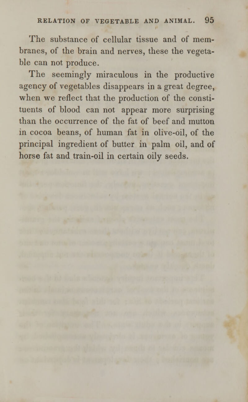 The substance of cellular tissue and of mem- branes, of the brain and nerves, these the vegeta- ble can not produce. The seemingly miraculous in the productive agency of vegetables disappears in a great degree, when we reflect that the production of the consti- tuents of blood can not appear more surprising than the occurrence of the fat of beef and mutton in cocoa beans, of human fat in olive-oil, of the principal ingredient of butter in palm oil, and of horse fat and train-oil in certain oily seeds.