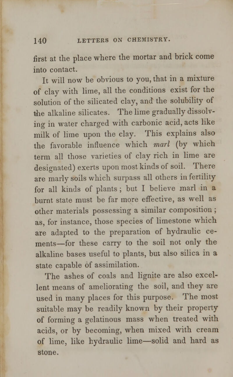 first at the place where the mortar and brick come into contact. It will now be obvious to you, that in a mixture of clay with lime, all the conditions exist for the solution of the silicated clay, and the solubility of die alkaline silicates. The lime gradually dissolv- ing in water charged with carbonic acid, acts like milk of lime upon the clay. This explains also the favorable influence which marl (by which term all those varieties of clay rich in lime are designated) exerts upon most kinds of soil. There are marly soils which surpass all others in fertility for all kinds of plants ; but I believe marl in a burnt state must be far more effective, as well as other materials possessing a similar composition ; as, for instance, those species of limestone which are adapted to the preparation of hydraulic ce- ments—for these carry to the soil not only the alkaline bases useful to plants, but also silica in a state capable of assimilation. The ashes of coals and lignite are also excel- lent means of ameliorating the soil, and they are used in many places for this purpose. The most suitable may be readily known by their property of forming a gelatinous mass when treated with acids, or by becoming, when mixed with cream of lime, like hydraulic lime—solid and hard as stone.