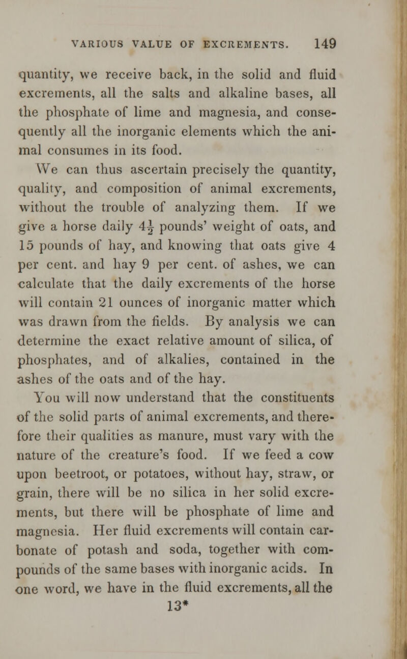 quantity, we receive back, in the solid and fluid excrements, all the salts and alkaline bases, all the phosphate of lime and magnesia, and conse- quently all the inorganic elements which the ani- mal consumes in its food. We can thus ascertain precisely the quantity, quality, and composition of animal excrements, without the trouble of analyzing them. If we give a horse daily 4^ pounds' weight of oats, and 15 pounds of hay, and knowing that oats give 4 per cent, and hay 9 per cent, of ashes, we can calculate that the daily excrements of the horse will contain 21 ounces of inorganic matter which was drawn from the fields. By analysis we can determine the exact relative amount of silica, of phosphates, and of alkalies, contained in the ashes of the oats and of the hay. You will now understand that the constituents of the solid parts of animal excrements, and there- fore their qualities as manure, must vary with the nature of the creature's food. If we feed a cow upon beetroot, or potatoes, without hay, straw, or grain, there will be no silica in her solid excre- ments, but there will be phosphate of lime and magnesia. Her fluid excrements will contain car- bonate of potash and soda, together with com- pounds of the same bases with inorganic acids. In one word, we have in the fluid excrements, all the 13*