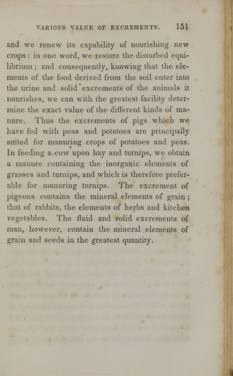 and we renew its capability of nourishing new crops : in one word, we restore the disturbed equi- librium ; and consequently, knowing that the ele- ments of the food derived from the soil enter into the urine and solid'excrements of the animals it nourishes, we can with the greatest, facility deter- mine the exact value of the different kinds of ma- nure. Thus the excrements of pigs which we have fed with peas and potatoes are principally suited for manuring crops of potatoes and peas. In feeding a.cow upon hay and turnips, we obtain a manure containing the inorganic elements of grasses and turnips, and which is therefore prefer- able for manuring turnips. The excrement of pigeons contains the mineral elements of grain ; that of rabbits, the elements of herbs and kitchen vegetables. The fluid and solid excrements of man, however, contain the mineral elements of grain and seeds in the greatest quantity.