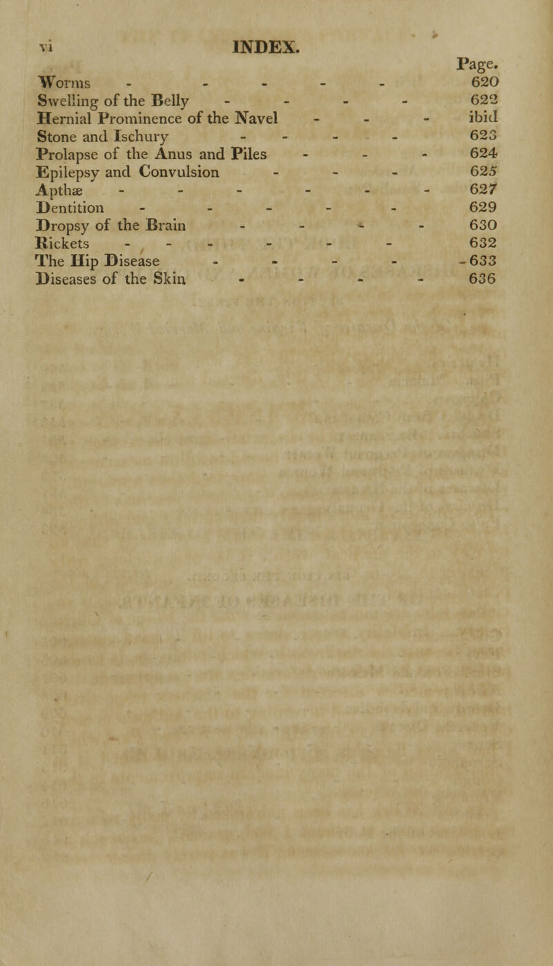 Page. Worms - .... 620 Swelling of the Belly ... - 622 Hernial Prominence of the Navel - - ibid Stone and Ischury - - 623 Prolapse of the Anus and Piles ... 624 Epilepsy and Convulsion ... 625 Aptha? - - - - 627 Dentition - 629 Dropsy of the Brain - 630 Rickets .-.-.- 632 The Hip Disease - - - - - 633 Diseases of the Skin .... 636