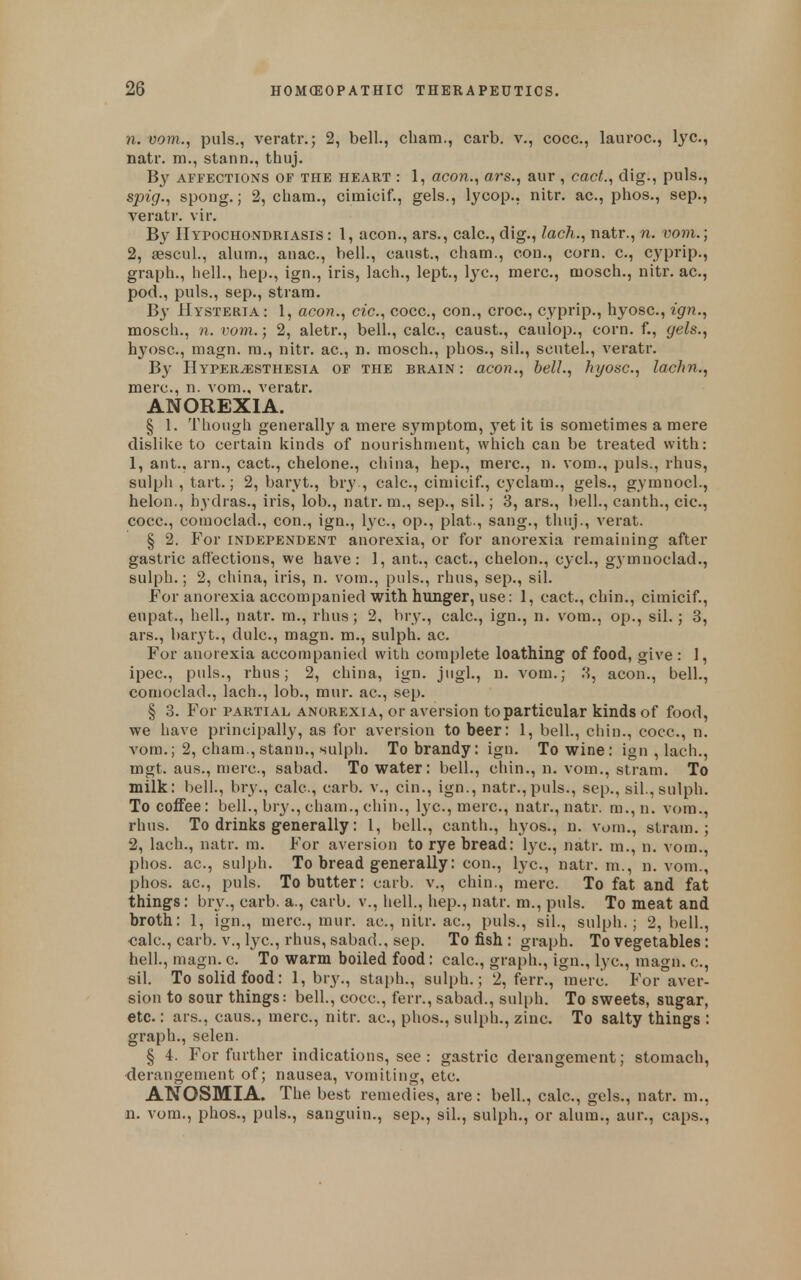 n. vom., puis., veratr.; 2, bell., cham., carb. v., cocc, lauroc, lye, natr. m., stann., thuj. By AFFECTIONS OF THE HEART : 1, ccon., ars., aur , cact., puis., spig., spong.; 2, cham., cimicif., gels., lycop., nitr. ac, phos., sep., veratr. vir. By Hypochondriasis : 1, aeon., ars., calc, dig., lach., natr., n. vom.; 2, sescul., alum., anac, bell., caust., cham., con., corn, c, cyprip., graph., hell., hep., ign., iris, lach., lept., lye, mere, mosch., nitr. ac, pod., puis., Sep., stram. By Hysteria: 1, aeon., etc., cocc, con., croc, cyprip., hyosc, ign., mosch., n. vovi.; 2, aletr., bell., calc, caust., caulop., corn, f., gels., hyosc, magn. ra., nitr. ac, n. mosch., phos., sil., scutel., veratr. By Hyperesthesia of the brain: aeon., hell., hyosc, lachn., mere, n. vom., veratr. ANOREXIA. § 1. Though generally a mere symptom, yet it is sometimes a mere dislii<e to certain kinds of nourishment, which can be treated with: 1, ant., arn., cact., chelone., china, hep., mere, n. vom., puis., rhus, sulph , tart.; 2, baryt., bry., calc, cimicif., cyclam., gels., gymnocl., helon., hydras., iris, lob., natr. m., sep., sil.; 3, ars., bell., canth., cic, cocc, comoclad., con., ign., lye, op., plat., sang., tluij., verat. § 2. For independent anorexia, or for anorexia remaining after gastric affections, we have: 1, ant., cact., chelon., cycl., gymnoclad., sulph.; 2, china, iris, n. vom., puis., rhus, sep., sil. For anorexia accompanied with hunger, use: 1, cact., chin., cimicif., eupat., hell., natr. m., rhus; 2, bry., calc, ign., n. vom., op., sil.; 3, ars., baryt., dulc, magn. m., sulph. ac. For anorexia accompanied with complete loathing of food, give : 1, ipec, puis., rhus; 2, china, ign. jugl., u. vom.; 3, aeon., bell., comoclad., lach., lob., mnr. ac, sep. § 3. For partial anorexia, or aversion to particular kinds of food, we have principally, as for aversion to beer: 1, bell., chin., cocc, n. vom.; 2, cham., stann., sulpli. To brandy: ign. To wine: ign , lach., mgt. aus., mere, sabad. To water: bell., chin., n. vom., stram. To milk: bell., bry., calc, carb. v., cin., ign., natr., puis., sep., sil., sulph. To coffee: bell., brj^, cham.,chin., lye, mere, natr,, natr. m.,n. vom., rhus. To drinks generally: 1, bell., canth., hyos., n. vom., stram.; 2, lach., natr. m. For aversion to rye bread: lye, natr. m., n. vom., phos. ac, sulph. To bread generally: con., lye, natr. m., n. vom., phos. ac, puis. To butter: carb. v., chin., mere To fat and fat things: bry., carb. a., carb. v., hell., hep., natr. m., puis. To meat and broth: 1, ign., mere, mur. ac, nitr. ac, puis., sil., sulph.; 2, bell., calc, carb. v., lye, rhus, sabad., sep. To fish : graph. To vegetables: hell., magn. c. To warm boiled food: calc, graph., ign., lye, magn. c, sil. To solid food: 1, bry., staph., sulph.; 2, ferr., mere For aver- sion to sour things: bell., cocc, ferr., sabad., sulph. To sweets, sugar, etc.: ars., caus., mere, nitr. ac, phos., sulph., zinc. To salty things : graph., selen. § 4. For further indications, see: gastric derangement; stomach, derangement of; nausea, vomiting, etc. ANOSMIA. The best remedies, are: bell, calc, gels., natr. m., n. vom., phos., puis., sanguin., sep., sil., sulph., or alum., aur., caps.^