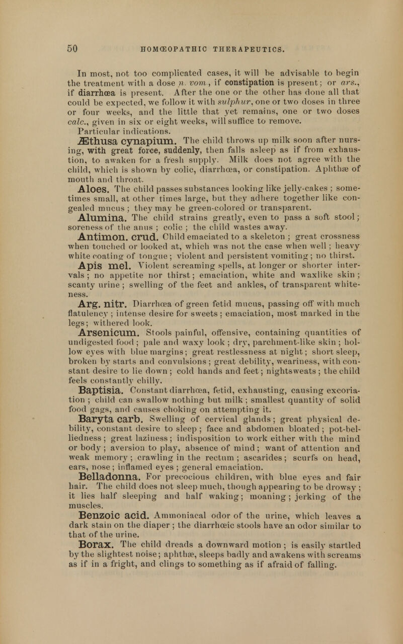 In most, not too complicated cases, it will be advisable to begin the treatment with a dose n. vovi, if constipation is present; or ars,, if diarrhoea is present. After the one or the other has done all that could be expected, we follow it with nvlphur^ one or two doses in three or four weeks, and the little that yet remains, one or two doses caZc, given in six or eight weeks, will suffice to remove. Particular indications. iEthUSa Cjniapiuni. The child throws up milk soon after nurs- ing, with great force, suddenly, then falls asleep as if from exhaus- tion, to awaken for a fresh supply. Milk does not agree with the child, which is shown by colic, diarrhoea, or constipation. Aphthae of mouth and throat. Aloes. The child passes substances looking like jelly-cakes ; some- times small, at other times large, but they adiiere together like con- gealed mucus; they may be green-colored or transparent. Alumina. The child strains greatl}, even to pass a soft stool; soreness of the anus ; colic ; the child wastes away. Antimon. crud. Child emaciated to a skeleton ; great crossness when touched or looked at, which was not the case when well; heavy white coating of tongue; violent and persistent vomiting ; no thirst. Apis mel. Violent screaming spells, at longer or sliorter inter- vals ; no appetite nor thirst; emaciation, white and waxlike skin; scanty urine ; swelling of the feet and ankles, of transparent white- ness. Arg. nitr. Diarrhoea of green fetid mucus, passing off with much flatulency ; intense desire for sweets: emaciation, most marked in the legs; withered look. Arsenicum. Stools painful, offensive, containing quantities of undigested food ; pale and wa.xy look ; dry, parchment-like skin ; hol- low eyes with blue margins; great restlessness at niglit; short sleep, broken by starts and convulsions; great debility, weariness, with con- stant desire to lie down ; cold hands and feet; nightsweats ; the child feels constantly chilly. Baptisia. Constant diarrhoea, fetid, exhausting, causing ex-coria- tion ; child can swallow nothing but milk ; smallest quantity of solid food gags, and causes choking on attempting it. Baryta carb. Swelling of cervical glands; great ph3'sical de- bility, constant desire to sleep ; face and abdomen bloated ; pot-bel- liedness; great laziness; indisposition to work either with the mind or body ; aversion to play, absence of mind ; want of attention and weak memory ; crawling in the rectum ; ascarides; scurfs on head, ears, nose; inflamed eyes ; general emaciation. Belladonna. For precocious children, with blue eyes and fair hair. The child does not sleep much, though appearing to be drowsy ; it lies half sleeping and half waking; moaning; jerking of the muscles. Benzoic acid. Ammoniacal odor of the urine, which leaves a dark stain on the diaper ; the diarrhoeic stools have an odor similar to that of the urine. Borax. The child dreads a downward motion ; is easily startled by the slightest noise; aphthfe, sleeps badly and awakens with screams as if in a fright, and clings to something as if afraid of falling.