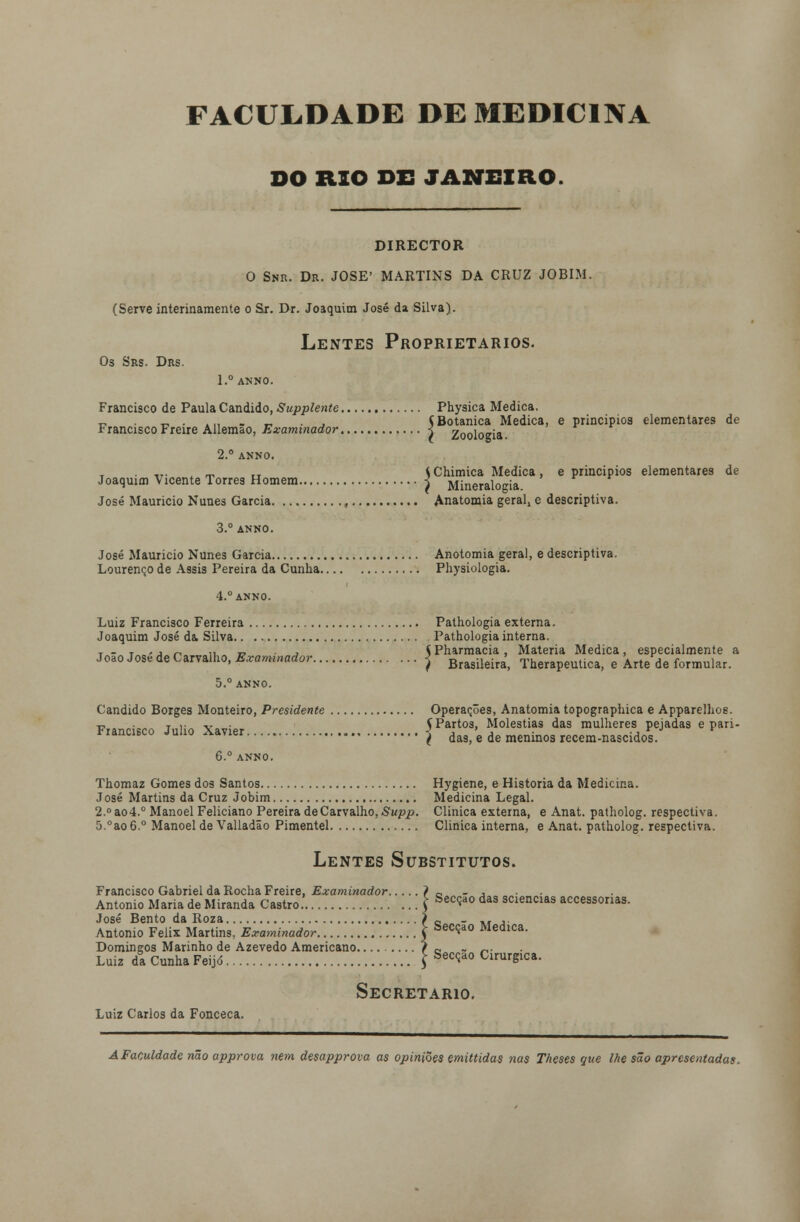 FACUL.DADE DE MEDICINA DO RIO DE JANEIRO. DIRECTOR 0 Snr. Dr. JOSÉ' MARTINS DA CRUZ JOBIM. (Serve interinamente o Sr. Dr. Joaquim José da Silva). Lentes Proprietários. Os Srs. Drs. l.° ANNO. Francisco de Paula Cândido, Supplente Physica Medica. „ t, . ... « ., . , <Botânica Medica, e princípios elementares de í rancisco Freire Allemao, Examinador < Zoologia 2.° ANNO. ... . „ tI S Chimica Medica, e princípios elementares de Joaquim Vicente Torres Homem J Mineralogia. José Maurício Nunes Garcia , Anatomia geral, e descriptiva. 3.° ANNO. José Maurício Nunes Garcia Anotomia geral, e descriptiva. Lourenço de Assis Pereira da Cunha Pliysiologia. 4.° ANNO. Luiz Francisco Ferreira Pathologia externa. Joaquim José dl Silva Pathologia interna. t-t'jo_h.i>-j S Pharmacia , Matéria Medica , especialmente a João Jose de Carvalho, Examinador J Brasileira, Therapeutica, e Arte de formular. 5.° ANNO. Cândido Borges Monteiro, Presidente Operações, Anatomia topographica e Apparelhos. ■c ■ „ T ,. v . í Partos, Moléstias das mulheres pejadas e pari- Fiancisco Júlio Xavier ., < j„„ ' j„ „„.:.„. „„.„ ,,.-;,)„„ ( das, e de meninos recem-nascidos. 6.° ANNO. Thomaz Gomes dos Santos Hygiene, e Historia da Medicina. José Martins da Cruz Jobim Medicina Legal. 2.°ao4.° Manoel Feliciano Pereira de Carvalho, Supp. Clinica externa, e Anat. patholog. respectiva. 5,°ao 6,° Manoel de Valladão Pimentel Clinica interna, e Anat. patholog. respectiva. Lentes Substitutos. Francisco Gabriel da Rocha Freire, Examinador ? c - , António Maria de Miranda Castro. } SecSa0 das vencias accessonas. José Bento da Roza > „ _ .. ,. António Félix Martins, Examinador \ &ecÇa0 Domingos Marinho de Azevedo Americano Luiz da Cunha nho de Azevedo Americano > 0 ~ „. Feij<5 \ Secc.a0 Cirúrgica. Secretario. Luiz Carlos da Fonceca. A Faculdade não approva nem desapprova as opiniões emittidas nas Theses que lhe são apresentadas.