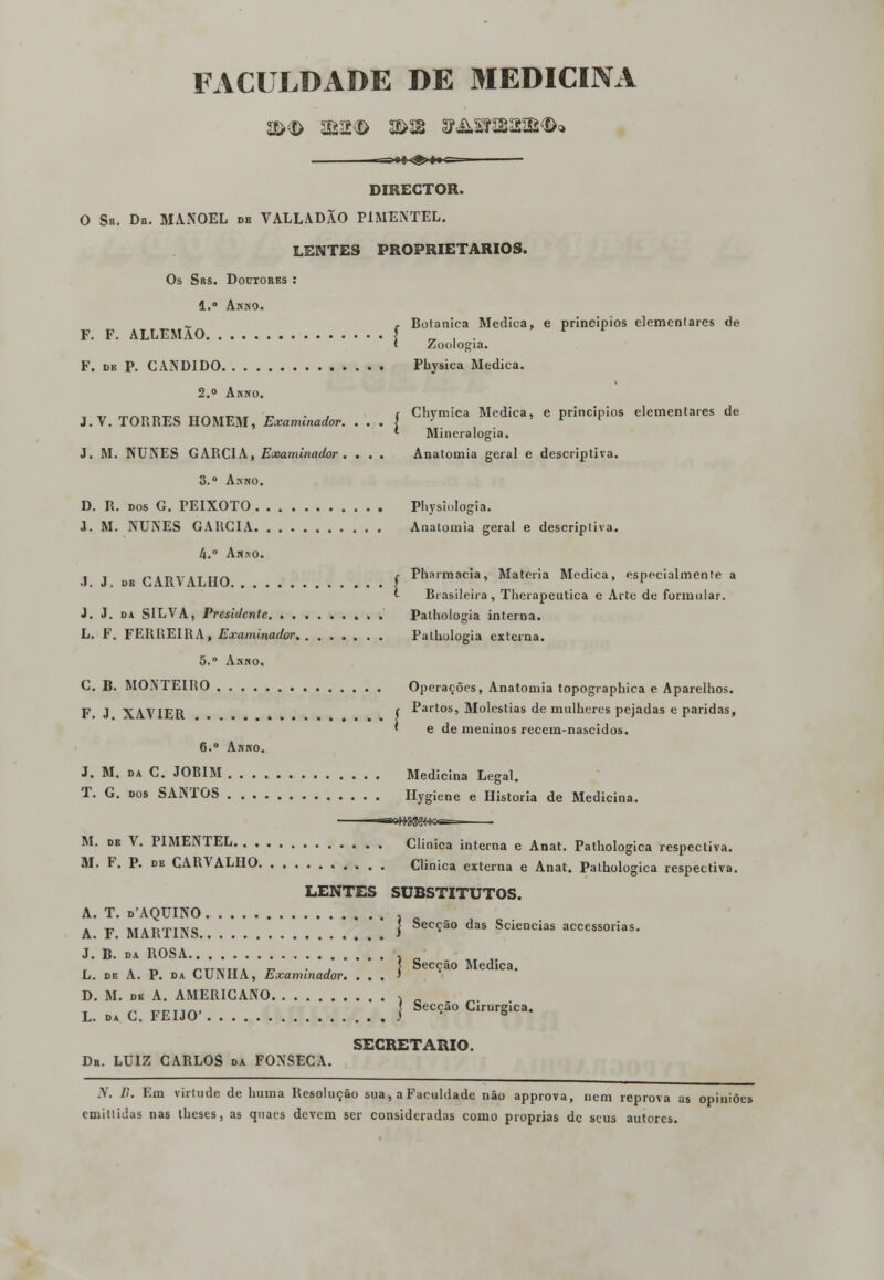 FACULDADE DE MEDICINA m<S> 3B2€> a>!2 »&S9ffiiHB€>« ti n Dx^11 * - DIRECTOR. O Sn. Db. MANOEL db VALLADÃO PIMENTEL. LENTES PROPRIETÁRIOS. Os Sas. Doctobes : 1.° Anno. , Botânica Medica, e princípios elementares de F. F. ALLEMAO [ _ . . r < Zoologia. F. de P. CÂNDIDO Physica Medica. 2.» Anno. t v rrnnnrc xir»nTi71.r r • j ( Chymica Medica, e princípios elementares de J.V. TORRES HOMEM, Examinador. ...]•' 1 Mineralogia. J. M. NUNES GARCIA, Examinador. . . . Anatomia geral e descriptiva. 3.° Anno. D. R. dos G. PEIXOTO Physiologia. J. M. NUNES GARCIA Anatomia geral e descriptiva. k. An:\o. i t oim/iinn c Pharmacia, Matéria Medica, especialmente a .1. J, de CARVALHO } ' ' t Brasileira , Therapeutica e Arte de formular. J. J. da SILVA, Presidente Pathologia interna. L. F. FERREIRA, Examinador Pathologia externa. 5.° Anno. C. B. MONTEIRO Operações, Anatomia topographica e Aparelhos. F. J XAVIER f Partos, Moléstias de mulheres pejadas e paridas, ' e de meninos recem-nascidos. 6.° Anno. J. M. da C. JOBIM Medicina Legal. T. G. dos SANTOS Hygiene e Historia de Medicina. M. db V. PIMENTEL Clinica interna e Anat. Pathologica respectiva. M. F. P. de CARVALHO Clinica externa e Anat. Pathologica respectiva. LENTES SUBSTITUTOS. A. T. d'AQUINO , A F MVRTIXS i ca0 ^as Sciencias accessorias. J. B. da ROSA , _ , _ „„,,„. „ . , } Secção Medica. L. de A. P. da CUNHA, Examinador. . . . í D. M. db A. AMERICANO v _ L. da C. FEIJÓ' ] SeCÇã° CirurSica- SECRETARIO. Db. LUIZ CARLOS da FONSECA. N. B. Em virtude de huma Resolução sua, a Faculdade não approva, nem reprova as opiniões emitlidas nas lheses, as qnaes devem ser consideradas como próprias de seus autores.