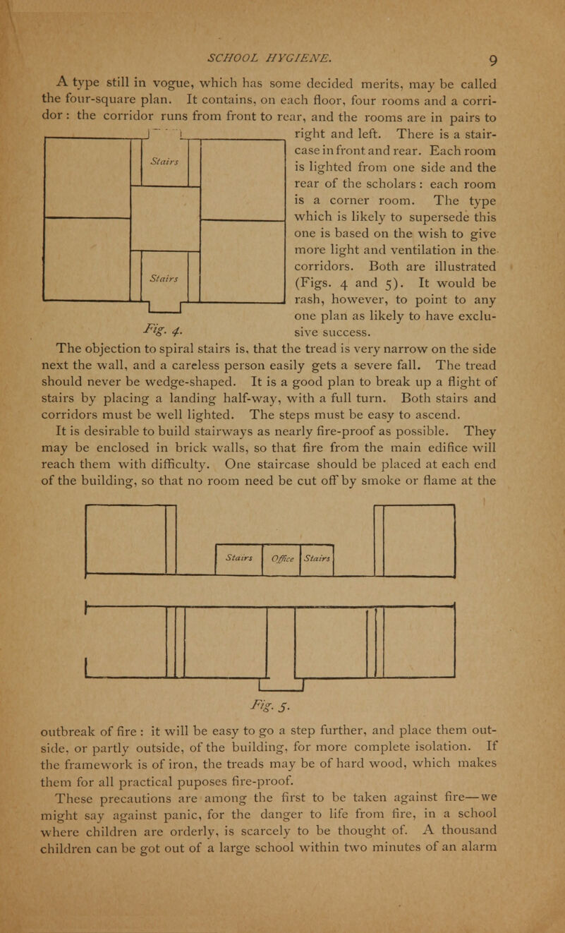 A type still in vogue, which has some decided merits, may be called the four-square plan. It contains, on each floor, four rooms and a corri- dor : the corridor runs from front to rear, and the rooms are in pairs to right and left. There is a stair- case in front and rear. Each room is lighted from one side and the rear of the scholars : each room is a corner room. The type which is likely to supersede this one is based on the wish to give more light and ventilation in the corridors. Both are illustrated (Figs. 4 and 5). It would be rash, however, to point to any one plan as likely to have exclu- ■Ftg- 4- sive success. The objection to spiral stairs is, that the tread is very narrow on the side next the wall, and a careless person easily gets a severe fall. The tread should never be wedge-shaped. It is a good plan to break up a flight of stairs by placing a landing half-way, with a full turn. Both stairs and corridors must be well lighted. The steps must be easy to ascend. It is desirable to build stairways as nearly fire-proof as possible. They may be enclosed in brick walls, so that fire from the main edifice will reach them with difficulty. One staircase should be placed at each end of the building, so that no room need be cut off by smoke or flame at the Stairs Office Stairs Stairs Stairs Fig. 5- outbreak of fire : it will be easy to go a step further, and place them out- side, or partly outside, of the building, for more complete isolation. If the framework is of iron, the treads may be of hard wood, which makes them for all practical puposes fire-proof. These precautions are among the first to be taken against fire—we might say against panic, for the danger to life from fire, in a school where children are orderly, is scarcely to be thought of. A thousand children can be got out of a large school within two minutes of an alarm