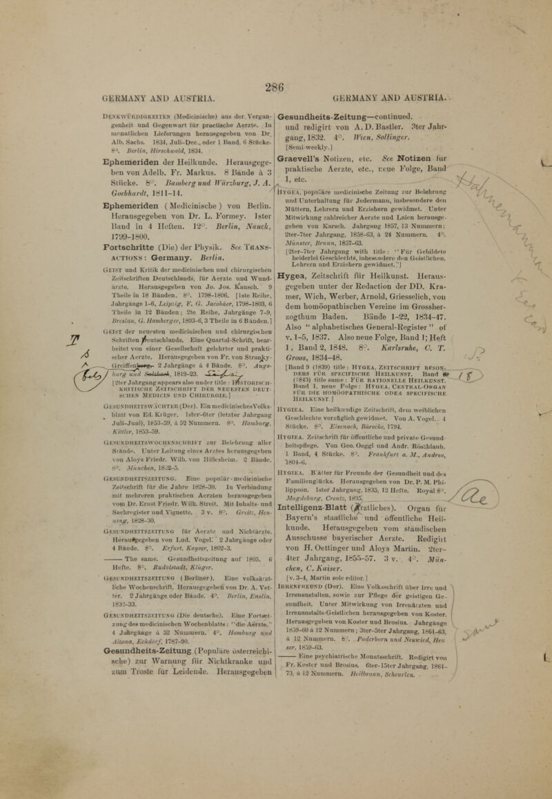 3! DENKutill)ItiKEITEN (Medieiuische) aus der Vergau- genheit und Gegenwart liir practisclie Aerzte. Iq mrnatlicheu Lieferimgen herausgegeben von Dr. Alb. Sachs. 1834, Juli-Dec, Oder 1 Band. f> Stilcke. 8°. Berlin, Hirschicald, 1834. Ephemeriden der Heilkunde. Herausgege- beu von Adelb. Fr. Markus. 8 Bande a 3 Stiicke. 8 . Bamberg und ll iirzhurg,J.A. Gocbhardt, 1811-14. Ephemeriden ( Mediciniscbe ) voii Berlin. Herausgegeben von Dr. L. Formey. Ister Hand in 4 Heften. 12°. Berlin, Xaurk, 1799-1800. Fortschritte (Die) der Pliysik. Sec Trans- actions : Germany. Berlin. GKIST und Kiitik der mediciuischen und chiiurgischen Zeitschriften Dcutschlands, fiir Aerzte und Wuud- iirzte. Herausgegeben von Jo. Jos. kausck. 9 Tbeile in 18 Banden. 8°. 1798-1806. [late Reibe, Jabrgiinge 1-6, Leipzig, F. G. Jacobder, 1798-1803, fi Theile in 12 Banden; 2te Reibe, Jahrgauge 7-9, Brcslau, G. Hambcrgcr, 1803-6, 3 Theile in 6 Banden. 1 (If.Ist der neuesten medicinischen und cbirurgiscben .Sebriften ^eutsehlands. Eine Quartal-Schrift, bear- beitet von einer Gesellschaft gek-brter und prakti- scher Aerzte. Herausgegeben von Fr. von Strauky- Greift'unbtiiigi 2 Jabrgiinge a 4 Baude. 83. Jugs- Tulglind Smhiatk, 1819-23. | 2ter Jabrgang appears also under title : IFtstorisch- KKITISCHE ZEITSCHRIFT DER NEUESTEN DEUT- St'HEN MED1CIN UND CHIRURGIE.] GESUNDHEITSW'aCHTER (Der). EinmedicinischesVolks- blatt von Ed. Kiiiger. lster-6ter (letzter Jabrgaug Juli-Juui), 1853-59, a 52 Nummern. 8°. Hamburg, Kit tier, 1853-59. GESUNDHEITSWOCHENSCHKIFT zur Belcbrung aller Sl&nde. Unter Leitung eines Arztes herausgegeben von Aloys Friedr. Willi, von Httleskeim. 2 Biiude. 8a. Miinchen, 18..2-5. GESUNDHEITSZEITUNG. Eine popular - medieiuische Zeitschrift fiir die Jahre 1828-30. In Verbindung mit inebreren praktiscben Aerzten berausgegeben vom Dr. Erust Friedr. Wilh. Streit. Mit Iubalts- und Sachregister und Vignette. 3 v. 8°. Greilz, Hen- uing, 1828-30. Gesundheitszeitung fiir Aerzte und Nichtiirzte. Herauigegeben von Lud. Yogel. 2 Jahrgiinge oder 4 Bande. 8°. Erfurt, Kayser, 1802-3. The same. Gesundheitszeitung auf 1805. 6 Hefte. 8°. Rudolsladt, Kluger. Gesundheitszeitung (Berliner). Eine volksavzt- liche Wochenschrift. Herausgegeben von Dr. A. Vet- ter. 2 Jahrgaage oder Bande. 4°. Berlin, Enslin. 183.'-33. Gesundheitszeitung (Die deutsche). Eiue Foitset- zuug des medieinischen Wochenblatts: die Aerzte. 4 Juhrgaiigc a 52 Numuiern. 4°. Hamburg und Akona, Eckdorf 1787-90. Gesundheits-Zeitung (Populate iisterreicbi- Bcke) zur Warming liir Nicbtkrauke und ziim Troste fiir Leideude. Herausgegeben Gesundheits-Zeitung—continued, und redigirt von A.D. Bastler. 3ter Jabr- gaug, 1832. 4°. Wicu, SolUnger. [Semi-weekly.] Graevell's Noti/.eu, etc. See Notizen fur praktiscbe Aerzte, etc., reue Folgc, Band 1, etc. HYGEA, popu'iare niedieiniscbe Zeituug zur Belehrung und Uuterhaltung fiir Jedermann, insbesondere den Muttern, Lehrern und Erziehern gewidmet. Unter Mitwirkung zaklreicker Aerzte und Laien berausge- geben von Karseh. Jabrgang 1857, 13 Nununern; 2ter-7ter Jabrgang, 1858-63, a 24 Nummeru. 4°. Minister, Brunn, 1857-63. [2ter-7ter Jabrgang with title: Fiir Gebildete beiderlel Geschleciits, inbesondere den Gc-isi lichen, Lehrern und Erziehern gewidmet.'J Hygea, Zeitscbril't fiir Heilkunst. Heraus- gegeben unter der Redaction der DD. Kra- mer, Wicb, Werber, Arnold, Griesselicb, von dem bomoopatbiscben Vereine im Grossber- zogthum Baden. Biinde 1-22, 1834-47. Also  alphabetiscbes General-Register  of v. 1-5, 1837. Also neue Folge, Band 1; Heft 1, Band 2, 1848. 8°. Karlsruhe, C. T. Groos, 1834-48. [Band 9 (1839) title: HYGEA, Zeitschrift hfson- DERS FUR SPECIFISCHE llKII.KUNST. Band * (1843) title same : FUR RATIONELLE HF.II.KUN.sT. Band 1, neue Folge: Hygea, Central-Organ Ki ll DIE HO.MOOI'ATHISCHE ODE* SPECIFISCHE Heilkunst. J Hygiea. Eine beilkii'idige Zeitschrift, dem weiblicheu Gesekleehte vorzflglich gewidmet. Von A. Vogel. 1 Stiicke. 8°. Eisenach, Barecke, 1794. HYGIEA. Zeitschrift fiir offentliche und private Gesund- heitspnege. Von Geo. Oeggl und Audr. R6schlaub. 1 Band, 4 Stiicke. 8°. Frankfurt a. M., Andrea, 1804-6. Hygiea. B atter fiir Freunde der Gesundheit und des Familieng'iiieks. Herausgegeben von Dr. P. M. Pbi- lippson. Ister Jabrgang, 1835, 12 Hefte. Royal 8 >. Magdeburg, Creutz, 1835t , Intelligenz-Blatt (^rztlicbes). Organ fur Bayem's staatlicbe/ und offentlicbe Heil- kunde. Herausgegebeu vom staudiscben Ausscbusse bayeriscber Aerzte. Rodight von H. Oettinger und Aloys Martin. 2ter- 4ter Jabrgang, 1855-57. 3 v. 4°. Miin- chen, C. Kaiser. [v. 3-4, Martin Bole editor. ] Irrenfheund (Der). Eiue Volkssehrift ilber Irre und Irrenanstallen, sovvie zur Pfiege der geistigeu Ge- sundheit. Unter Mitwirkung von Irrenarzten und Irreuaustalts-Geistlichen herausgegeben von Koster. Herausgegeben von Koster und Brosius. Jahrgauge 1859-60 a 12 Nummeru ; 3ter-5ter Jabrgang, 1861-63, a 12 Nummern. 8 '. Padcrbum und IVeuwicd, Hen ser, 1859-63. Eine psychiatrische Monatsschrift. Redigirt von Fr. Koster uud Brosius. 6ter-15ter Jahrgang, 1864- 73, a 12 Nummern. Hcilbronn, Schcurlcn.