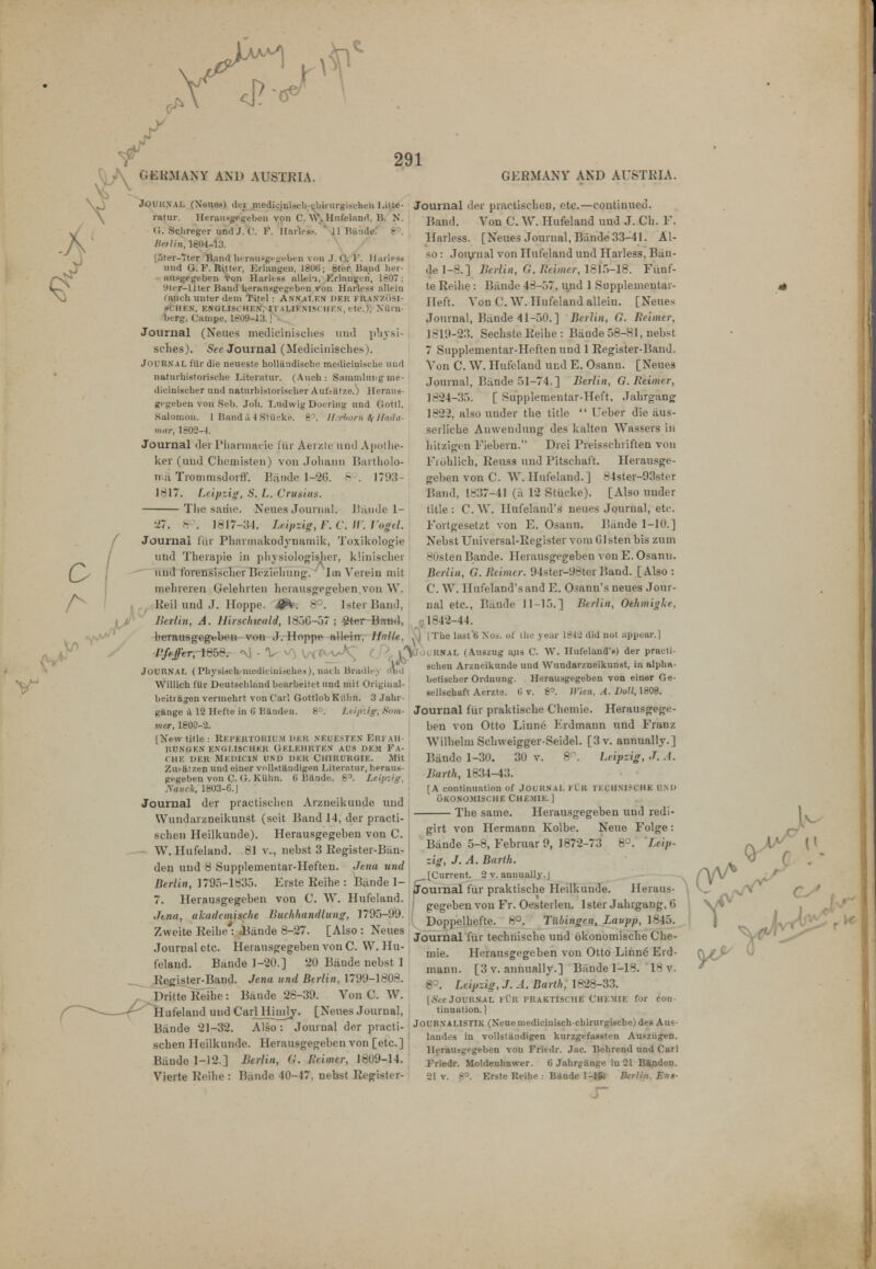 Journal (Noues) del medianiscb-cbiriiigi*clien Line- ratur. Herausgegeben von C. wj Hufeland, B. N. <!. Sclireger und J. b. F. Hartals. ' 11 Biiiidf.' BP. Berlin, 1804.13. [5ter-7ter Band beraiiPgegeben vu J. (i. V. Harlem und O. F. Hitter, Erlangen, 18UU; gter Band her- ausgegeben Von Hark-ss nllei-i, Erlaugcri, 1807; 9ter-llter Band herausgegeben von Harless allein fanch unter dem Titel : ANNAT.EN der FRAN/osi- fCHEN. ENGLISCHEN. ITAL1ENIS< HEN, etc.), Niiin- Lerg, Campe, 1809-43.JV^ Journal (Neues medicinisches und pbysi- sches). Sec Journal (Medicinisclies). Journal fiir die ueueste holltindische mediciuische und natuihistorische Liteiatur. (Aneh : Sammlung me- dieiniseher und naturhistoriseher Aut'tiit/.e.) Heraus- gegeben von Seb. Job. Eudwig Doering und Oottl. Salomon. 1 Band u 4 Stileke. 8°. If.Htoni 4- llarta- mar, 1802-4. Journal der Phannaciu fiir Aerzle and Apotlie- ker (und Chcmisten) von Johann Bartholo- n;;i Trommsdovfi. Bande 1-20. g . 1793- 1817. Leipzig, S. L. Crusius. The same. Neues Journal: I'andc 1- •27. S°. 1817-34 O V Leipzig, F. C. W. Vagel. Journal fiir Pharmakodynamik, Toxikologie und Tberapie in physiologisher, kliqisclier und forensisclicr Beziehung. Tin Verein mit mehreren Geleln ten herausgegeben von W. Reil und J. Iloppe. 0b. 8°. Ister Band, Berlin, A. Uirschwald, 1856-57; £ter Baud, herausgegeben von J. Uoppe allein, Unite, -Pfrffei, 1850.- 'vJ - V ^ Vff^ (/> r JOURNAL (Physiseh-mediciubches), natb Bradley iliid Willicb fiir Deutschlnnd bearbeitet und mit Origiual- beitragen vermehrt von Car'. Oottlob Kiilin. 3 Jabt - gttnge a 12 Hefte in G Bandeu. 8°. J.iijnig', Som- mer, ieOC-2. [Xew title : ItEl'ERTORIU.M DJER NEUESTEN ERFAH- RUNGEN ENGI.ISCHKR (rELEHRTEN AUS DEM FA- CHE DER MEDICIN UNI) DER CHIRURGIE. Jfit Ziuiiizen und einer vnllstaudigen Liteiatur, heraus- gegeben von C. Q, Kiibn. (i Biinde. S3. Leipzig. Xaitck, 1803-6. J Journal der practisclien Arzneikunde und Wundarzneikunst (seit Band 14, der practi- sclien Heilkunde). Herausgegeben von C. W. Hufeland. 81 v., nebst 3 Register-Ban- den und 8 Suppletneutar-Heften. Jena und Berlin, 1795-1835. Erste Reihe : Bande 1- 7. Herausgegeben von C. \V. Hufeland. Juki, alademische Buchhandluns, 1795-99. Zweite Reibe Bande 8-27. [Also : Neues Journal etc. Herausgegeben von C. YV. Hu- feland. Bande 1-20.] 20 Biinde nebst 1 Register-Band. Jena und Birlin, 1799-1808. Dritte Reihe: Bande 28-39. Von C. W. Hufeland und Carl Hindy. [Neues Journal, Bande 21-32. Also: Journal der practi- schen Heilkunde. Herausgegeben von [etc.] Biiude 1-12.] Berlin, G. Beimcr, 1809-14. Vierte Reihe : Bande 40-47. nebst Register- Journal der practisclien, etc.—continued. Band. Yon C. W. Hufeland und J. Ch. F. Harless. [Neues Journal, Biinde 33-41. Al- so : Joiynal von Hufeland und Harless, Ban- de 1-8.] Berlin, G. Iteimer, 1815-18. Fiinf- te Reihe : Bande 48-57, und 1 Supplementar- Heft. Yon C. \V. Hufeland allein. [Neues Journal, Bande 41-50. ] Berlin, G. Iteimer, 1819-23. Sechste Reihe : Bande 58-81, nebst 7 Supplenientar-Heftenund 1 Register-Band. Yon C. W. Hufeland und E. Osann. [Neues Journal, Bande 51-74.] Berlin, G.Reimer, 1824-35. [ Supplementar-Heft, Jahrgang 1822, also under the title  Ueber die iius- serliche Auwendnng des kalten Wassers in hitzigen Eiebern. Drei Preisschiiften von Fiohlicb, Reuss und Pitschaft. Herausge- geben von C. W. Hufeland.] 84ster-93ster Band, 1837-41 (a 12 Stiicke). [Also under title : C. W. Ilnfeland's neues Journal, etc. Eortgesetzt von E. Osann. Bande 1-10.] Nebst Universal-Register voni Olsten bis zutn 80sten Bande. Herausgegeben von E. Osann. Berlin, G. Reimer. 94ster-98ter Band. [Also : C. \Y. Ilufeland'sand E. Osann's neues Jour- nal etc., Bande 11-15.] Berlin, Oehmigl.r, r1842-44. 5 i [The last's Xos. of Ihe year 1842 did not appear.] J^fl k| KNAL (Auszug 0}ih C. W. Hufeland'H) der practi- sclien Arzncikunde und Wundarzneikunst, in alpha- betiscber Ordnung. Herausgegeben von einor Ge- uellscbaft Aerzte. 0 v. 8°. JVien, A. Doll, 1808. Journal fur praktisehe C'heniie. Herausgege- ben von Otto Linne F.rdmann und Franz Wilhelm Schweigger-Seidel. [3 v. annually.] Bande 1-30. 30 v. 8°. Leipzig, J. A. Barth, 1834^3. [A continuation of JOURNAL FUR TECHNlfCHE UN1> OKONOMISCHE Che.mie.J The same. Herausgegeben und redi- girt von Hermann Kolbe. Neue Folge: Bande 5-8, Februar 9, 1872-73 8°. Leip- zig, J. A. Barth. ^[Current. 2 v. annually.J Journal fiir praktisehe Heilkunde. Heraus- gegeben von Fr. Oesterlen. Ister Jahrgang, 0 Doppelhefte. 8°. Tubingen, Laupp, 1845. Journal fur technische und okonomische Che- niie. Herausgegeben von Otto Linn6 Erd- mann. [3 v. annually.] Biinde 1-18. 18 T. 8°. Leipzig, J. A. Barth, 1828-33. [See JOURNAL FUR PRAKTISCHE C'HEMIE for con- tinuation. ] JOURNALISTIK (Neue mediciuisch-cbirurgiscbe) den Aus- Jandes in vollstiiodigen kurzgefassten Au^zugen. Herausgegeben von Friedr. Jac. Behrend und Carl Friedr. Moldenhawer. 6 Jahrgaoge in 21 Bftnden. 21 v. 8°. Erste Reihe : Bande 1-lfc Iicrlni. En*-