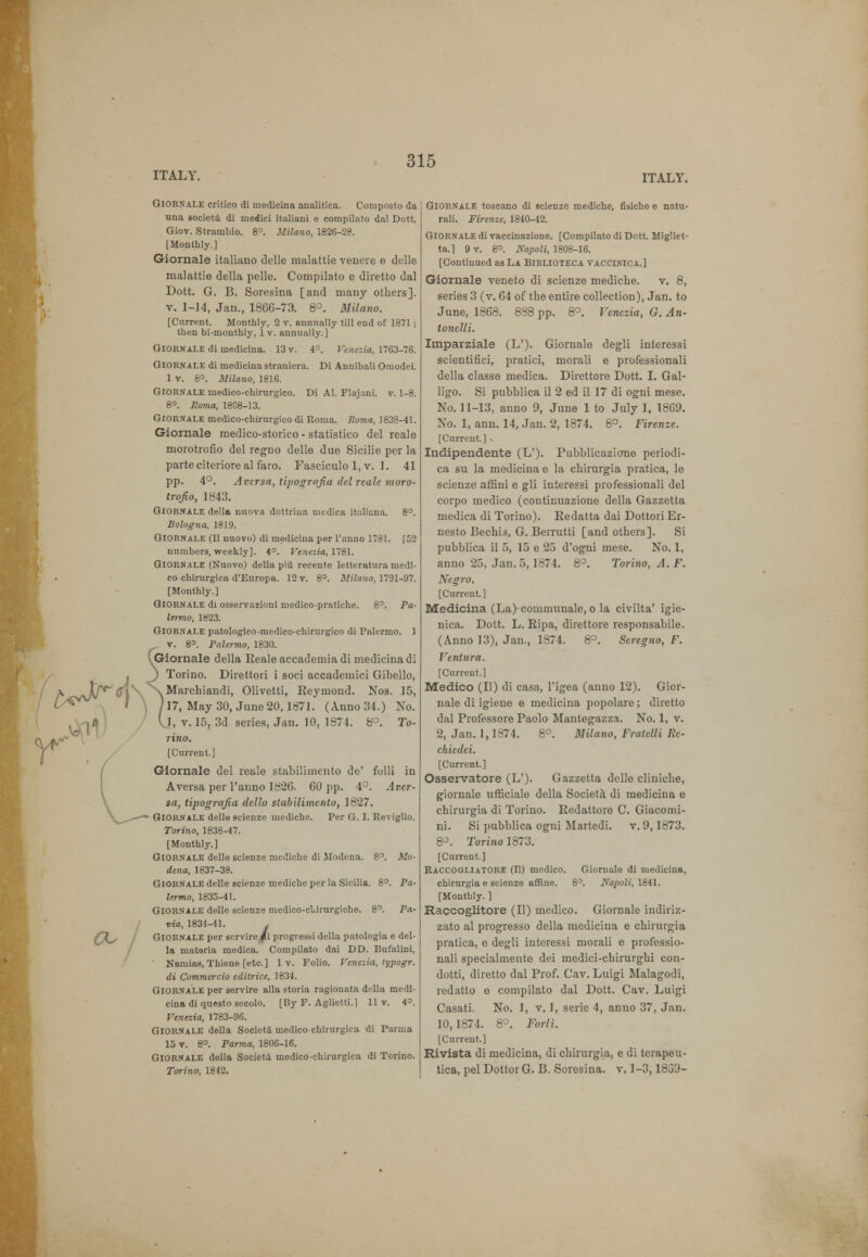 Giornale critico di medicina analitica. Composto da una societa di medici italiani e compilato dal Dott. Giov. Strambio. 8°. Milano, 1826-28. I Monthly.] Giornale italiano delle malattie venere e delle malattie della pelle. Compilato e diretto dal Dott. G. B. Soresina [and many others], v. 1-14, Jan., 1866-73. 8°. Milano. [Current. Monthly, 2 v. annually till end of 1871 ; then bi-monthly, 1 v. annually.] GIORNALE di medicina. 13 v. 4°. Venezia, 1763-76. Giornale di medicina straniera. Di Auuibali Omodei. 1 v. 8°. Milano, 1816. GIORNALE medico-chirurgico. Di Al. Flajani. v. 1-8. 8°. noma, 1808-13. Giornale medico-chirurgico di Roma. Roma, 1838-41. Giornale medico-storico - statistico del reale morotrofio del regno delle due Sicilie per la parte citeriore al faro. Fasciculo 1, v. 1. 41 pp. 4°. Aversa, tipograjia del reale moro- trofio, 1843. Giornale della nuova dottrina medic a italiana. 8°. Bologna, 1819. Giornale (11 nuovo) di medicina per l'anno 1781. [52 numbers, weekly]. 4°. Venezia, 1781. Giornale (Nuovo) della piu recente lettc-ratura medi- co chirurgica d'Europa. 12 v. 8°. Milano, 1791-97. [Monthly.] Giornale di osservazioni medico-pratiche. 8°. Pa- lermo, 1823. GIORNALE patologlco-medico-chirurgico di Palermo. 1 v. 8°. Palermo, 1830. v Giornale della Kealeaccademiadimedicinadi Torino. Direttori i soci accademici Gibello, Marchiandi, Olivetti, Reymond. Nos. 15, \ ) 17, May 30, June 20,1871. (Anno 34.) No. • (j, v. 15, 3d series, Jan. 10, 1874. 8°. To- rino. [Current.] Giornale del reale stabilimento de' fulli in Aversa per l'anno 1826. 60 pp. 4°. Aver- sa, tipografia dello stabilimento, 1827. Giornale delle scienze mediche. Per G. I. Reviglio. Torino, 1838-47. [Monthly.] GIORNALE delle scienze mediche di Modena. 8°. Mo- dena, 1837-38. GIORNALE delle scienze mediche per la Sicilia. 8°. Pa- lermo, 1835-41. GIORNALE delle scienze medico-cliirurgiche. 8°. Pa- cta, 1831-11. j GIORNALE per servire^U progressi della patologia e del- la materia medica. Compilato dai DD. Bufalini, Narniaa, Thiene [etc.] 1 v. Folio. Venezia, typogr. di Commercio editrice, 1834. GIORNALE per servire alia storia ragionata della medi- cina di questo secolo. [By F. Aglietti.] 11 v. 4°. Venezia, 1783-96. GIORNALE della Societa medico chirurgica di Parma 15 v. 8°. Parma, 1806-16. GIORNALE della Societa medico-chirurgica di Torino. Torino, 1842. Giornale toscano di scienze mediche, fisiche e natu- rali. Firenze, 1840-42. GIORNALE di vaccinazione. [Compilato di Dott. Migliet- ta.l 9 v. 8°. Napoli, 1808-16. [Continued as La Biblioteca vaccinica.] Giornale veneto di scienze mediche. v. 8, series 3 (v. 64 of the entire collection), Jan. to June, 1868. 888 pp. 8°. Venezia, G. An- toncUi. Imparziale (L'). Giornale degli interessi scientifici, pratici, morali e professionali della classe medica. Direttore Dott. I. Gal- ligo. Si pubblica il 2 ed il 17 di ogni mese. No. 11-13, anno 9, June 1 to July 1, 1869. No. 1, ann. 14, Jan. 2, 1874. 8°. Firenze. [Current.] » Indipendente (L'). Pubblicazicme periodi- ca su la medicina e la chirurgia pratica, le scienze afflni e gli interessi professionali del corpo medico (coutinuazione della Gazzetta medica di Torino). Eedatta dai Dottori Er- nesto Bechis, G. Berrutti [and others]. Si pubblica il 5, 15 e 25 d'ogni mese. No. 1, anno 25, Jan. 5,1874. 8°. Torino, A. F. Negro. [Current.] Medicina (La) communale, o la civilta' igic- nica. Dott. L. Ripa, direttore responsabile. (Anno 13), Jan., 1874. 8°. Sercgno, F. Ventura. [Current.] Medico (II) di casa, l'igea (anno 12). Gior- nale di igiene e medicina popolare; diretto dal Professore Paolo Mantegazza. No. 1, v. 2, Jan. 1,1874. 8°. Milano, Fratelli Rc- chiedei. [Current.] Osservatore (L'). Gazzetta delle cliniche, giornale ufficiale della Societa di medicina e chirurgia di Torino. Redattore C. Giacomi- ni. Si pubblica ogni Martedi. v. 9,1873. 8°. Torino 1873. [Current.] Raccogliatore (II) medico. Giornale di medicina, chirurgia e scienze affine. 8°. Napoli, 1841. [Monthly. ] Raccoglitore (II) medico. Giornale indiriz- zato al progresso della medicina e chirurgia pratica, e degli interessi morali e professio- nali specialmente dei medici-chirurghi con- dotti, diretto dal Prof. Cav. Luigi Malagodi, redatto e compilato dal Dott. Cav. Luigi Casati. No. 1, v. 1, serie 4, anno 37, Jan. 10, 1874. 8°. Forli. [Current.] Rivista di medicina, di chirurgia, e di terapeu- tica, pel Dottor G. B. Soresina. v. 1 -3,1839-