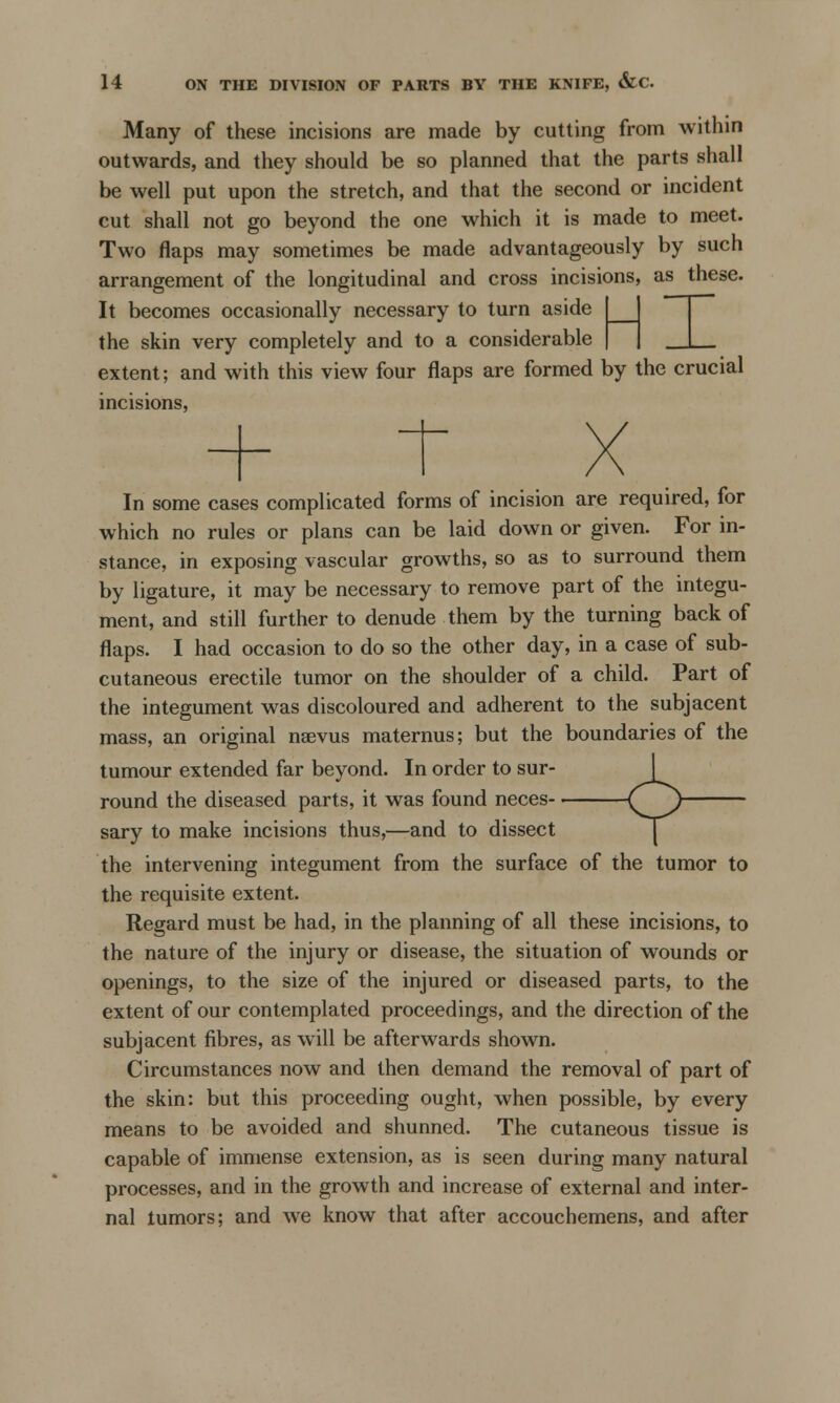 Many of these incisions are made by cutting from within outwards, and they should be so planned that the parts shall be well put upon the stretch, and that the second or incident cut shall not go beyond the one which it is made to meet. Two flaps may sometimes be made advantageously by such arrangement of the longitudinal and cross incisions, as these. It becomes occasionally necessary to turn aside I J the skin very completely and to a considerable | | _J extent; and with this view four flaps are formed by the crucial incisions, In some cases complicated forms of incision are required, for which no rules or plans can be laid down or given. For in- stance, in exposing vascular growths, so as to surround them by ligature, it may be necessary to remove part of the integu- ment, and still further to denude them by the turning back of flaps. I had occasion to do so the other day, in a case of sub- cutaneous erectile tumor on the shoulder of a child. Part of the integument was discoloured and adherent to the subjacent mass, an original naevus maternus; but the boundaries of the tumour extended far beyond. In order to sur- round the diseased parts, it was found neces sary to make incisions thus,—and to dissect the intervening integument from the surface of the tumor to the requisite extent. Regard must be had, in the planning of all these incisions, to the nature of the injury or disease, the situation of wounds or openings, to the size of the injured or diseased parts, to the extent of our contemplated proceedings, and the direction of the subjacent fibres, as will be afterwards shown. Circumstances now and then demand the removal of part of the skin: but this proceeding ought, when possible, by every means to be avoided and shunned. The cutaneous tissue is capable of immense extension, as is seen during many natural processes, and in the growth and increase of external and inter- nal tumors; and we know that after accouchemens, and after