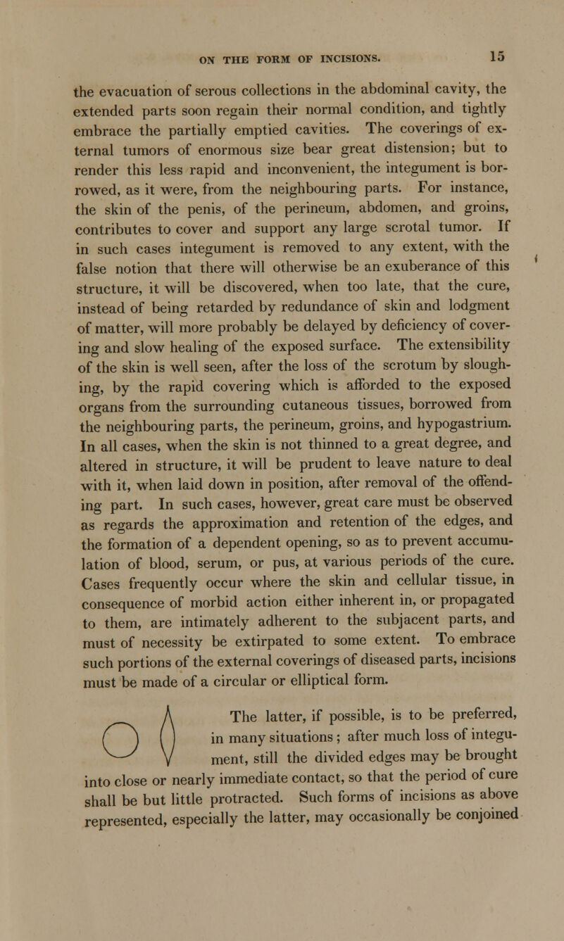 the evacuation of serous collections in the abdominal cavity, the extended parts soon regain their normal condition, and tightly embrace the partially emptied cavities. The coverings of ex- ternal tumors of enormous size bear great distension; but to render this less rapid and inconvenient, the integument is bor- rowed, as it were, from the neighbouring parts. For instance, the skin of the penis, of the perineum, abdomen, and groins, contributes to cover and support any large scrotal tumor. If in such cases integument is removed to any extent, with the false notion that there will otherwise be an exuberance of this structure, it will be discovered, when too late, that the cure, instead of being retarded by redundance of skin and lodgment of matter, will more probably be delayed by deficiency of cover- ing and slow healing of the exposed surface. The extensibility of the skin is well seen, after the loss of the scrotum by slough- ing, by the rapid covering which is afforded to the exposed organs from the surrounding cutaneous tissues, borrowed from the neighbouring parts, the perineum, groins, and hypogastrium. In all cases, when the skin is not thinned to a great degree, and altered in structure, it will be prudent to leave nature to deal with it, when laid down in position, after removal of the offend- ing part. In such cases, however, great care must be observed as regards the approximation and retention of the edges, and the formation of a dependent opening, so as to prevent accumu- lation of blood, serum, or pus, at various periods of the cure. Cases frequently occur where the skin and cellular tissue, in consequence of morbid action either inherent in, or propagated to them, are intimately adherent to the subjacent parts, and must of necessity be extirpated to some extent. To embrace such portions of the external coverings of diseased parts, incisions must be made of a circular or elliptical form. OA The latter, if possible, is to be preferred, ( ) in many situations ; after much loss of integu- V ment, still the divided edges may be brought into close or nearly immediate contact, so that the period of cure shall be but little protracted. Such forms of incisions as above represented, especially the latter, may occasionally be conjoined