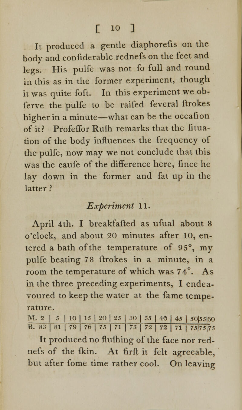 It produced a gentle diaphorefis on the body and confiderable rednefs on the feet and legs. His pulfe was not fo full and round in this as in the former experiment, though it was quite foft. In this experiment we ob- ferve the pulfe to be raifed feveral ftrokes higher in a minute—what can be the occafion of it? ProfefTor Rufh remarks that the fitua- tion of the body influences the frequency of the pulfe, now may we not conclude that this was the caufe of the difference here, fince he lay down in the former and fat up in the latter ? Experiment 11. April 4th. I breakfafted as ufual about 8 o'clock, and about 20 minutes after 10, en- tered a bath of the temperature of 95°, my pulfe beating 78 ftrokes in a minute, in a room the temperature of which was 74°. As in the three preceding experiments, I endea- voured to keep the water at the fame tempe- rature. M. 2 I 5 | 10 | 15 | 20 | 25 | 30 | 35 | 40 | 45 | 50|55|60 B. 83 | 81 | 79 | 76 | 75 | 71 | 73 | 72 | 72 | 71 | 75|75|75 It produced no flulhing of the face nor red- nefs of the fkin. At firfl it felt agreeable, but after fome time rather cool. On leaving