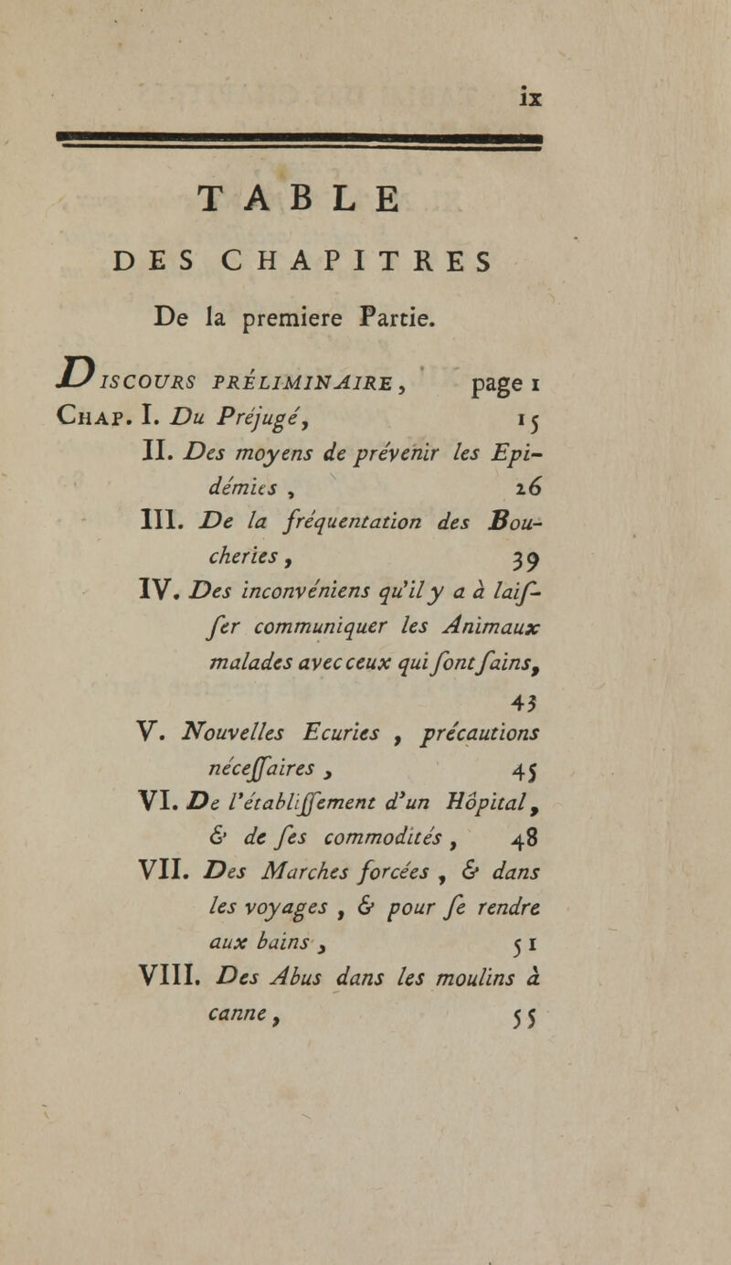 TABLE DES CHAPITRES De la première Partie. MJIS COURS PRÉLIMINAIRE, page I Chap. I. Du Préjugé, i$ II. Des moyens de prévenir les Epi- démies , 16 III. De la fréquentation des Bou- cheries , 3 9 IV. Des inconvéniens qu'il y a à laif- fer communiquer les Animaux malades avec ceux qui fontfains9 V. Nouvelles Ecuries , précautions néceffaires 3 45 VI. De l'établiffement d'un Hôpital, & de fes commodités , 48 VII. Des Marches forcées , & dans les voyages , & pour fe rendre aux bains y 51 VIII. Des Abus dans Us moulins à canne, 55