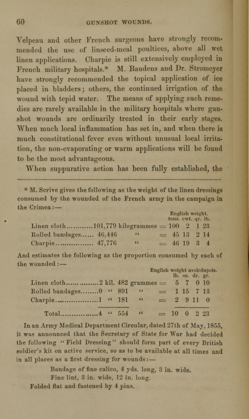 Velpcau and other French surgeons have strongly recom- mended the use of linseed-meal poultices, above all wet linen applications. Charpic is still extensively employed in French military hospitals.* M. Baudens and Dr. Stromeyer have strongly recommended the topical application of ice placed in bladders; others, the continued irrigation of the wound with tepid water. The means of applying such reme- dies are rarely available in the military hospitals where gun- shot wounds are ordinarily treated in their early stages, When much local inflammation has set in, and when there is much constitutional fever even without unusual local irrita- tion, the non-evaporating or warm applications will be found to be the most advantageous. When suppurative action has been fully established, the * M. Scrive gives the following as the weight of the linen dressings consumed by the wounded of the French army in the campaign in the Crimea:— English weight. tons. c\vt. qr. lb. Linen cloth 101,779 kilogrammes = 100 2 1 23 Itolled bandages 40,446  = 45 13 2 14 Charpie 47,770 « = 40 19 3 4 And estimates the following as the proportion consumed by each of the wounded:— English weight avoirdupois. lb. /.. dr. gr. Linen cloth 2 kil. 482 grammes = 5 7 0 10 Rolled bandages 0  891  = 1 15 7 13 Charpie 1  181  = 2 9 11 0 Total 4  554 « = 10 0 2 23 In an Army Medical Department Circular, dated 27th of May, 1855, it was announced that the Secretary of State for War had decided the following  Field Dressing should form part of every British soldier's kit on active service, so as to be available at all times and in all places as a first dressing for wounds: — Bandage of fine calico, 4 yds. long, 3 in. wide. Fine lint, 3 in. wide, 12 in. long. Folded flat and fastened by 4 pins.