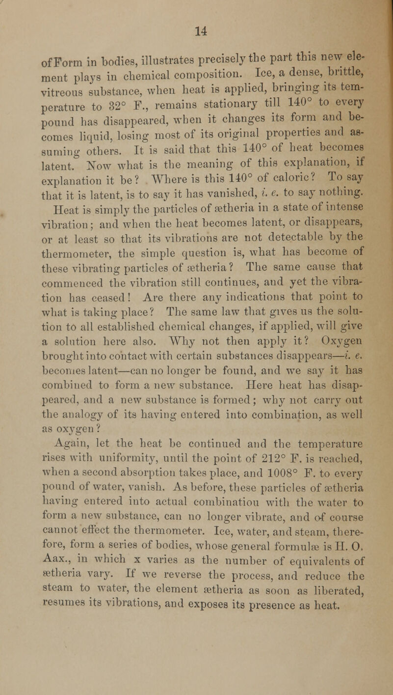 of Form in bodies, illustrates precisely the part this new ele- ment plays in chemical composition. Ice, a dense, brittle, vitreous substance, when heat is applied, bringing its tem- perature to 32° F., remains stationary till 140° to every pound has disappeared, when it changes its form and be- comes liquid, losing most of its original properties and as- suming others. It is said that this 140° of heat becomes latent.° Now what is the meaning of this explanation, if explanation it be? Where is this 140° of caloric? To say that it is latent, is to say it has vanished, i. e. to say nothing. Heat is simply the particles of setheria in a state of intense vibration; and when the heat becomes latent, or disappears, or at least so that its vibrations are not detectable by the thermometer, the simple question is, what has become of these vibrating particles of setheria ? The same cause that commenced the vibration still continues, and yet the vibra- tion has ceased ! Are there any indications that point to what is taking place? The same law that gives us the solu- tion to all established chemical changes, if applied, will give a solution here also. Why not then apply it? Oxygen brought into contact with certain substances disappears—i. e. becomes latent—can no longer be found, and we say it has combined to form a new substance. Here heat has disap- peared, and a new substance is formed; why not carry out the analogy of its having entered into combination, as well as oxygen ? Again, let the heat be continued and the temperature rises with uniformity, until the point of 212° F. is reached, when a second absorption takes place, and 1008° F. to every pound of water, vanish. As before, these particles of setheria 1 laving entered into actual combination with the water to form a new substance, can no longer vibrate, and of course cannot 'effect the thermometer. Ice, water, and steam, there- fore, form a series of bodies, whose general formula- is II. O. Aax., in which x varies as the number of equivalents of setheria vary. If we reverse the process, and reduce the steam to water, the element aetheria as soon as liberated, resumes its vibrations, and exposes its presence as heat.