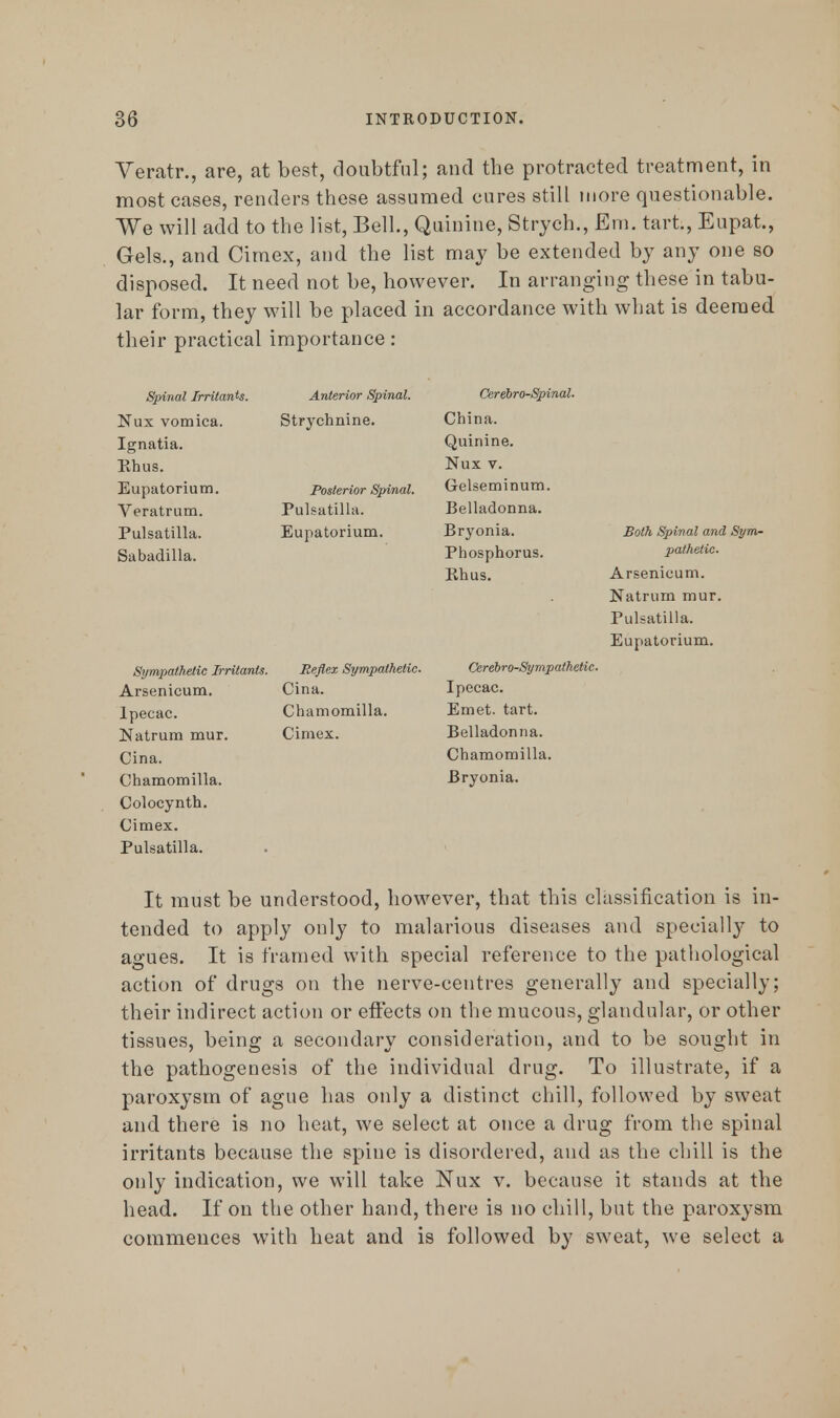 Veratr., are, at best, doubtful; and the protracted treatment, in most cases, renders these assumed cures still more questionable. We will add to the list, Bell., Quinine, Strych., Em. tart., Eupat., Gels., and Cimex, and the list may be extended by any one so disposed. It need not be, however. In arranging these in tabu- lar form, they will be placed in accordance with what is deemed their practical importance : Cerebro-Spinal. China. Quinine. Nux v. Gelseminum. Belladonna. Bryonia. Both Spinal and Sym- Phosphorus. pathetic. Rhus. Arsenicum. Natrum mur. Pulsatilla. Eupatorium. CerebroSympathetic. Ipecac. Emet. tart. Belladonna. Chamomilla. Bryonia. Colocynth. Cimex. Pulsatilla. It must be understood, however, that this classification is in- tended to apply only to malarious diseases and specially to agues. It is framed with special reference to the pathological action of drugs on the nerve-centres generally and specially; their indirect action or effects on the mucous, glandular, or other tissues, being a secondary consideration, and to be sought in the pathogenesis of the individual drug. To illustrate, if a paroxysm of ague has only a distinct chill, followed by sweat and there is no heat, we select at once a drug from the spinal irritants because the spine is disordered, and as the chill is the only indication, we will take Nux v. because it stands at the head. If on the other hand, there is no chill, but the paroxysm commences with heat and is followed by sweat, we select a Spinal Irritants. Nux vomica. Ignatia. Rhus. Eupatorium. Veratrum. Pulsatilla. Sabadilla. Anterior Spinal. Strychnine. Posterior Spinal. Pulsatilla. Eupatorium. Sympathetic Irritants. Arsenicum. Ipecac. Natrum mur. Cina. Chamomilla. Reflex Sympathetic. Cina. Chamomilla. Cimex.