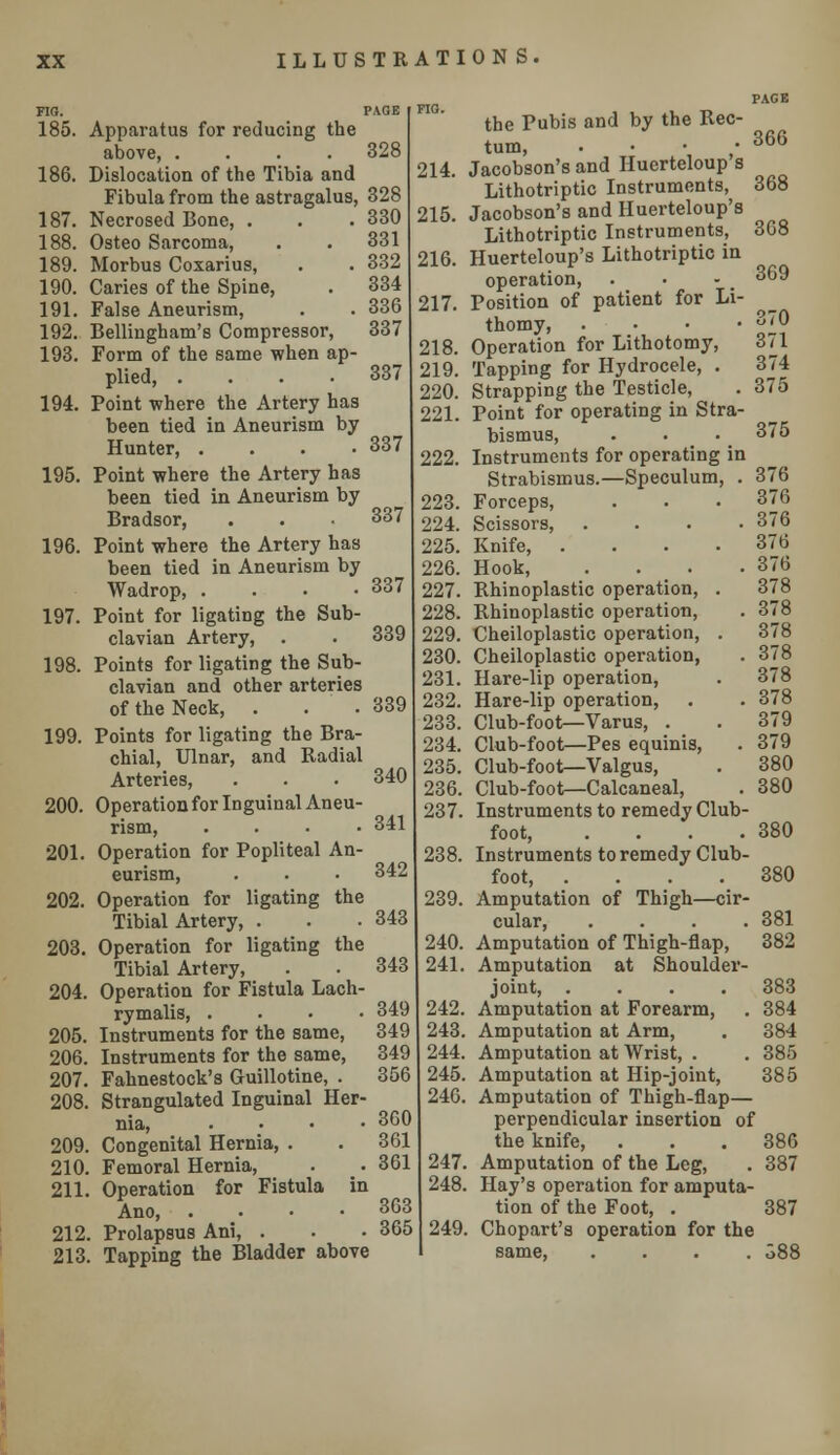 no. PAGE 185. Apparatus for reducing the above, .... 328 186. Dislocation of the Tibia and Fibula from the astragalus, 328 187. Necrosed Bone, . . .330 188. Osteo Sarcoma, . .331 189. Morbus Coxarius, . . 332 190. Caries of the Spine, . 334 191. False Aneurism, . . 336 192. Bellingham's Compressor, 337 193. Form of the same when ap- plied 194. Point where the Artery has been tied in Aneurism by Hunter, .... 195. Point where the Artery has been tied in Aneurism by Bradsor, 196. Point where the Artery has been tied in Aneurism by Wadrop 197. Point for ligating the Sub- clavian Artery, 198. Points for ligating the Sub- clavian and other arteries of the Neck, . 199. Points for ligating the Bra- chial, Ulnar, and Radial Arteries, 200. Operation for Inguinal Aneu- rism, .... 201. Operation for Popliteal An- eurism, 202. Operation for ligating the Tibial Artery, . 203. Operation for ligating the Tibial Artery, 204. Operation for Fistula Lach- rymalis, .... 205. Instruments for the same, 206. Instruments for the same, 207. Fahnestock's Guillotine, . 208. Strangulated Inguinal Her- nia, .... 209. Congenital Hernia, . 210. Femoral Hernia, 211. Operation for Fistula in Ano, .... 212. Prolapsus Ani, . 213. Tapping the Bladder above 337 337 337 337 339 339 340 341 342 343 343 349 349 349 356 360 361 361 363 365 214. 215. 216. 217. 218. 219. 220. 221. 222. 223. 224. 225. 226. 227. 228. 229. 230. 231. 232. 233. 234. 235. 236. 237. 238. 239. 240. 241. 242. 243 244. 245 246 247, 248. 249 the Pubis and by the Rec- tum, • Jacobson's and Huerteloup s Lithotriptic Instruments, Jacobson's and Huerteloup's Lithotriptic Instruments, Huerteloup's Lithotriptic in operation, Position of patient for Li- thomy Operation for Lithotomy, Tapping for Hydrocele, . Strapping the Testicle, Point for operating in Stra- bismus, Instruments for operating in Strabismus.—Speculum, . Forceps, Scissors, .... Knife, .... Hook, .... Rhinoplastic operation, . Rhinoplastic operation, Cheiloplastic operation, . Cheiloplastic operation, Hare-lip operation, Hare-lip operation, Club-foot—Varus, . Club-foot—Pes equinis, Club-foot—Valgus, Club-foot—Calcaneal, Instruments to remedy Club- foot, .... Instruments to remedy Club- foot, .... Amputation of Thigh—cir- cular, .... Amputation of Thigh-flap, Amputation at Shoulder- joint, .... Amputation at Forearm, Amputation at Arm, Amputation at Wrist, . Amputation at Hip-joint, Amputation of Thigh-flap— perpendicular insertion of the knife, Amputation of the Leg, Hay's operation for amputa- tion of the Foot, . Chopart's operation for the same, .... 366 368 368 369 370 371 374 375 375 376 376 376 376 376 378 378 378 378 378 378 379 379 380 380 380 380 381 382 383 384 384 385 385 386 387 387