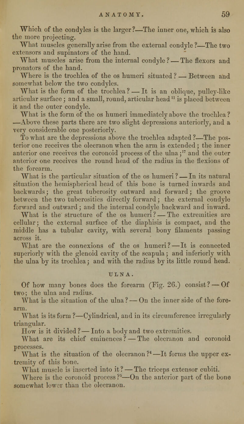 Which of the condyles is the larger ?—The inner one, which is also the more projecting. What muscles generally arise from the external condyle ?—The two extensors and supinators of the hand. What muscles arise from the internal condyle ? — The flexors and pronatoi's of the hand. Where is the trochlea of the os humeri situated ? — Between and somewhat below the two condyles. What is the form of the trochlea ? — It is an oblique, pulley-like articular surface; and a small, round, articular head11 is placed between it and the outer condyle. What is the form of the os humeri immediately above the trochlea ? —Above these parts there are two slight depressions anteriorly, and a very considerable one posteriorly. To what are the depressions above the trochlea adapted ?—The pos- terior one receives the olecranon when the arm is extended; the inner anterior one receives the coronoid process of the ulna;17 and the outer anterior one receives the round head of the radius in the flexions of the forearm. What is the particular situation of the os humeri ? — In its natural situation the hemispherical head of this bone is turned inwards and backwards; the great tuberosity outward and forward; the groove between the two tuberosities directly forward; the external condyle forward and outward; and the internal condyle backward and inward. What is the structure of the os humeri 1 — The extremities are cellular; the external surface of the diaphisis is compact, and the middle has a tubular cavity, with several bony filaments passing across it. What are the connexions of the os humeri? — It is connected superiorly with the glenoid cavity of the scapula; and inferiorly with the ulna by its trochlea; and with the radius by its little round head. ULNA. Of how many bones does the forearm (Fig. 2G.) consist ? — Of two; the ulna and radius. What is the situation of the ulna ? — On the inner side of the fore- arm. What is its form ?—Cylindrical, and in its circumference irregularly triangular. How is it divided ?— Into a body and two extremities. What are its chief eminences ? — The olecranon and coronoid processes. What is the situation of the olecranon ?4 —It forms the upper ex- tremity of this bone. What muscle is inserted into it? — The triceps extensor cubiti. Where is the coronoid process ?5—On the anterior part of the bone somewhat lower than the olecranon.