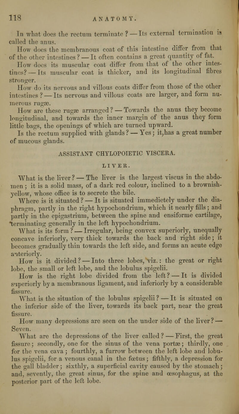 In what does (lie rectum terminate ?—Its external termination is called the anus. How does the membranous coat of this intestine differ from that of the other intestines ? — It often contains a great quantity of fat. How docs its muscular coat differ from that of the other intes- tines?— Its muscular coat is thicker, and its longitudinal fibres stronger. How do its nervous and villous coats differ from those of the other intestines ? — Its nervous and villous coats are larger, and form nu- merous rugae. How are these rugae arranged ? — Towards the anus they become longitudinal, and towards the inner margin of the anus they form little bags, the openings of which are turned upward. Is the rectum supplied with glands ? — Yes; it,has a great number of mucous glands. ASSISTANT CHYLOPOIETIC VISCERA. LIVER. What is the liver ? — The liver is the largest viscus in the abdo- men ; it is a solid mass, of a dark red colour, inclined to a brownish- yellow, whose office is to secrete the bile. Where is it situated ? — It is situated immedietcly under the dia- phragm, partly in the right hypochondrium, which it nearly fills; and partly in the epigastrium, between the spine and ensiforme cartilage, terminating generally in the left hypochondrium. What is its form? — Irregular, being convex superiorly, unequally concave inferiorly, very thick towards the back and right side; it becomes gradually thin towards the left side, and forms an acute edge anteriorly. How is it divided ? — Into three lobes, viz.: the great or right lobe, the small or left lobe, and the lobulus spigelii. How is the right lobe divided from the left? — It is divided superiorly by a membranous ligament, and inferiorly by a considerable fissure. What is the situation of the lobulus spigelii ? — It is situated on the inferior side of the liver, towards its back part, near the great fissure. How many depressions are seen on the under side of the liver? — Seven. What are the depressions of the liver called? — First, the great fissure; secondly, one for the sinus of the vena portae; thirdly, one for the vena cava; fourthly, a furrow between the left lobe and lobu- lus spigelii, for a venous canal in the foetus; fifthly, a depression for the gall bladder; sixthly, a superficial cavity caused by the stomach; and, sevently, the great sinus, for the spine and oesophagus, at the posterior part of the left lobe.