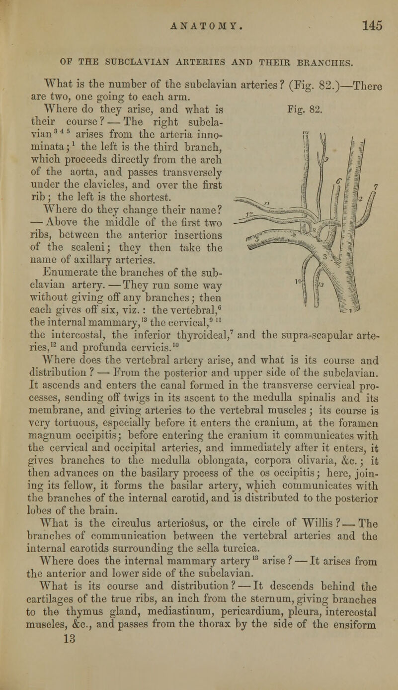 OP THE SUBCLAVIAN ARTERIES AND THEIR BRANCHES. What is the number of the subclavian arteries? (Fig. 82.)—There are two, one going to each arm. Where do they arise, and what is Fig. 82. their course ? — The right subcla- vian 3 4 5 arises from the arteria inno- minata;' the left is the third branch, which proceeds directly from the arch of the aorta, and passes transversely under the clavicles, and over the first rib; the left is the shortest. Where do they change their name? — Above the middle of the first two ribs, between the anterior insertions of the scaleni; they then take the name of axillary arteries. Enumerate the branches of the sub- clavian arteiy. — They run some way without giving off any branches; then each gives off six, viz.: the vertebral,6 the internal mammary,13 the cervical,9 ll the intercostal, the inferior thyroideal,7 and the supra-scapular arte- ries.12 and profunda cervicis.10 Where does the vertebral artery arise, and what is its course and distribution ? — From the posterior and upper side of the subclavian. It ascends and enters the canal formed in the transverse cervical pro- cesses, sending off twigs in its ascent to the medulla spinalis and its membrane, and giving arteries to the vertebral muscles; its course is very tortuous, especially before it enters the cranium, at the foramen magnum occipitis; before entering the cranium it communicates with the cervical and occipital arteries, and immediately after it enters, it gives branches to the medulla oblongata, corpora olivaria, &c.; it then advances on the basilary process of the os occipitis; here, join- ing its fellow, it forms the basilar artery, which communicates with the branches of the internal carotid, and is distributed to the posterior lobes of the brain. What is the circulus arteriosus, or the circle of Willis ? — The branches of communication between the vertebral arteries and the internal carotids surrounding the sella turcica. Where does the internal mammary artery13 arise ? — It arises from the anterior and lower side of the subclavian. What is its course and distribution? — It descends behind the cartilages of the true ribs, an inch from the sternum, giving branches to the thymus gland, mediastinum, pericardium, pleura, intercostal muscles, &c, and passes from the thorax by the side of the ensiform 13