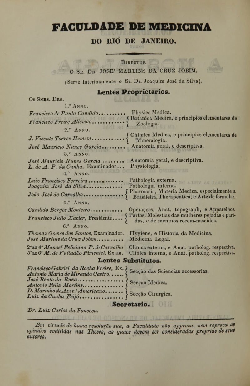 FACULDADE DE MEDICINA DO RIO DE JANEIRO. Director O Sr. Dr. JOSÉ' MARTINS DA CRUZ JOBIM. (Serve interinamente o Sr. Dr. Joaquim José da Silva). Lentes Proprietários. Os Snbs. Drs. l.° Anno. Francisco de Paula Cândido Physica Medica. _ _i. j :4j« Ç Botânica Medica, e princípios elementares de Francisco Freire Allemao < Zoologia. 2.° Anno. _ __. _ TT. ( Chimica Medica, e princípios elementares de /. Vicente Torres Homem < Minera]0o-ia. José Maurício Nunes Garcia Anatomia geral, e descriptiva. 3.° Anno. José Maurício Nunes Garcia Anatomia geral, e descriptiva. L. de A. P. da Cunha, Examinador... Physiologia. 4.° Anno. Luiz Francisco Ferreira Pathologia externa. Joaquim José da Silva Pathologia interna. ,._,._„ f Pharmacia, Matéria Medica, especialmente a João José de Carvalho | Brasileira, Therapeutica, e Arte de formular. 5.° Anno. Cândido Borges Monteiro Operações, Anat. topograph, e Apparelhos. t, . t ?• t^ • r> • j S Partos, Moléstias das mulheres pejadas e pari- rranascoJuho Xavier, Presidente.... < , , -L» l das, e de meninos recem-nascidos. 6.° Anno. Thomaz Gomes dos Santos, Examinador. Hygiene, e Historia da Medicina. José Martins da Cruz Jobim Medicina Legal. 2°ao 4o Manoel Feliciano P. deCarvalho Clinica externa, e Anat. patholog. respectiva. 5'&o6°M. de Valladão Pimentel, Exam. Clinica interna, e Anat. patholog. respectiva. Lentes Substitutos. Francisco Gabriel da Rocha Freire, Ex. ) 0 . , 0 . António Maria de Miranda Castro \ Sec^° das Sciencias accessonas. José Bento da Boza ]„ . ,, ,. António Félix Martins j Secça0 Medica* D. Marinho deAzev.0 Americano ) 0 - m- Luiz da Cunha Feijó \ SecSao Cirur&lca- Secretario. Dr. Luiz Carlos da Fonceca. Fm virtude de huma resolução sua, a Faculdade não approva, nem reprova aí opiniões emittidas nas Theses) as quaes devem ser consideradas próprias de seu» autores.