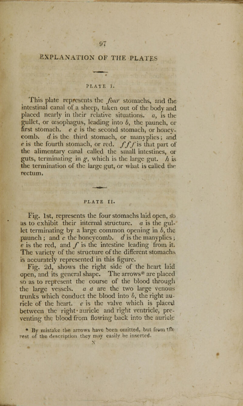 EXPLANATION OF THE PLATES Hate f. This plate represents the four stomachs, and the intestinal canal of a sheep, taken out of the body and placed nearly in their relative situations. «, is the gullet, or oesophagus, leading into b, the paunch, or first stomach, c c is the second stomach, or honey- comb, d is the third stomach, or manyplies; and e is the fourth stomach, or red. fff'is that part of the alimentary canal called the small intestines, or guts, terminating in g, which is the large gut. h us the termination of the large gut, or what is called the rectum. PLATE li. Fig. 1st, represents the four stomachs laid open, st> as to exhibit their internal structure, a is the gul- let terminating by a large common opening in b, the paunch ; and c the honeycomb, d is the manyplies ; e is the red, and f is the intestine leading from it. The variety of the structure of the different stomachs is accurately represented in this figure. Fig. 2d, shows the right side of the heart laid open, and its general shape. The arrows* are placed so as to represent the course of the blood through the large vessels. a a are the two large venous trunks which conduct the blood into b, the right au- ricle of the heart, c is the valve which is placed between the right • auricle and right ventricle, pre- venting the blood from flowing back into the auricle * By mistake the arrows have been omitted, but from tltv rest of the description they may easily be inserted. N