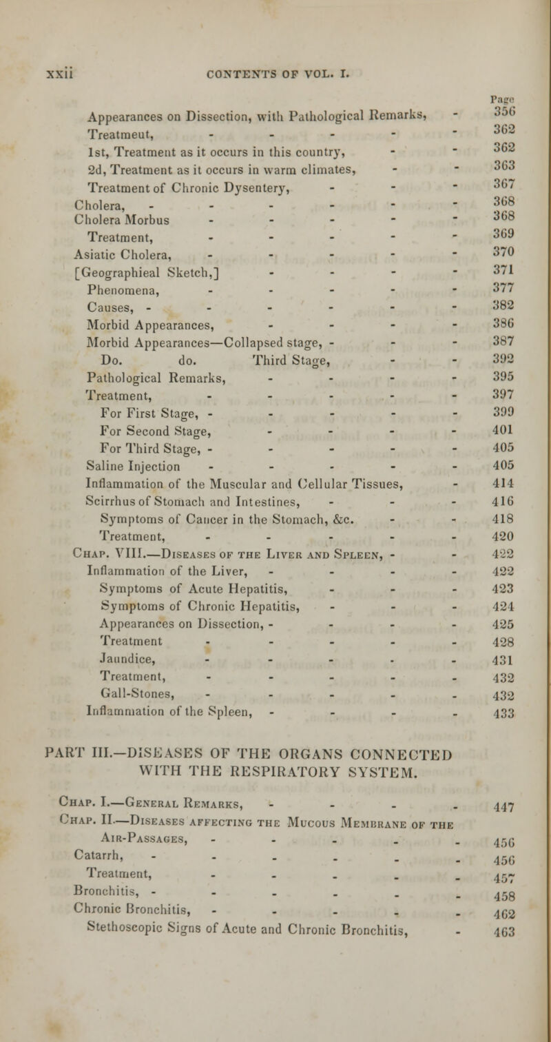 Page Appearances on Dissection, with Pathological Remarks, Treatmeut, .... - 368 1st, Treatment as it occurs in this country, -  ,>tj~ 2d, Treatment as it occurs in warm climates, - - 363 Treatment of Chronic Dysentery, - 367 Cholera, ------ 368 Cholera Morbus - - - - - 368 Treatment, - 369 Asiatic Cholera, ----- 370 [Geographieal Sketch,] ... - 371 Phenomena, .... - 377 Causes, ------ 382 Morbid Appearances, ... - 386 Morbid Appearances—Collapsed stage, - - - 387 Do. do. Third Stage, - - 31)2 Pathological Remarks, ... - 395 Treatment, ----- 397 For First Stage, ----- 399 For Second Stage, - - - - 401 For Third Stage, - - - - - 405 Saline Injection ----- 405 Inflammation of the Muscular and Cellular Tissues, - 414 Scirrhus of Stomach and Intestines, ... 416 Symptoms of Cancer in the Stomach, &c. - - 418 Treatment, ----- 420 Chap. VIII.—Diseases of the Liver and Spleen, - - 122 Inflammation of the Liver, ... - 422 Symptoms of Acute Hepatitis, ... 423 Symptoms of Chronic Hepatitis, ... 424 Appearances on Dissection, - - - - 425 Treatment ----- 428 Jaundice, - 431 Treatment, ----- 432 Gall-Stones, ..... 430 Inflammation of the Spleen, - - . . 433 PART III.—DISEASES OF THE ORGANS CONNECTED WITH THE RESPIRATORY SYSTEM. Chap. I.—General Remarks, - - . . 447 Chap. II—Diseases affecting the Mucous Membrane of the Air-Passages, - 45Q Catarrh, - - . . . - ; 456 Treatment, ----- 45- Bronchitis, --..._ 450 Chronic Bronchitis, - 4Q2 Stethoscopic Signs of Acute and Chronic Bronchitis, - 463