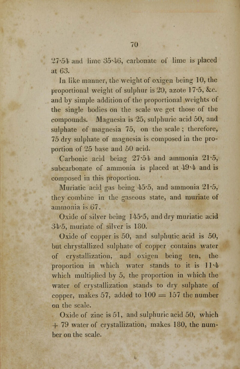 27-54 and lime 35-46, carbonate of lime is placed at 63. In like manner, the weight of oxigen being 10, the proportional weight of sulphur is 20, azote 17-5, &c and by simple addition of the proportional weights of the single bodies on the scale we get those of the compounds. Magnesia is 25, sulphuric acid 50, and sulphate of magnesia 75, on the scale ; therefore, 75 dry sulphate of magnesia is composed in the pro- portion of 25 base and 50 acid. Carbonic acid being 27*54 and ammonia 21-5, subcarbonate of ammonia is placed at 49-4 and is composed in this proportion. Muriatic acid gas being 45*5, and ammonia 21-5, they combine in the gaseous state, and muriate of ammonia is 67. Oxide of silver being 145-5, and dry muriatic acid 34-5, muriate of silver is 180. Oxide of copper is 50, and sulphutic acid is 50, but chrystallized sulphate of copper contains water of crystallization, and oxigen being ten, the proportion in which water stands to it is 11-4 which multiplied by 5, the proportion in which the water of crystallization stands to dry sulphate of copper, makes 57, added to 100 = 157 the number on the scale. Oxide of zinc is 51, and sulphuric acid 50, which -{- 79 water of crystallization, makes 180, the num- ber on the scale.