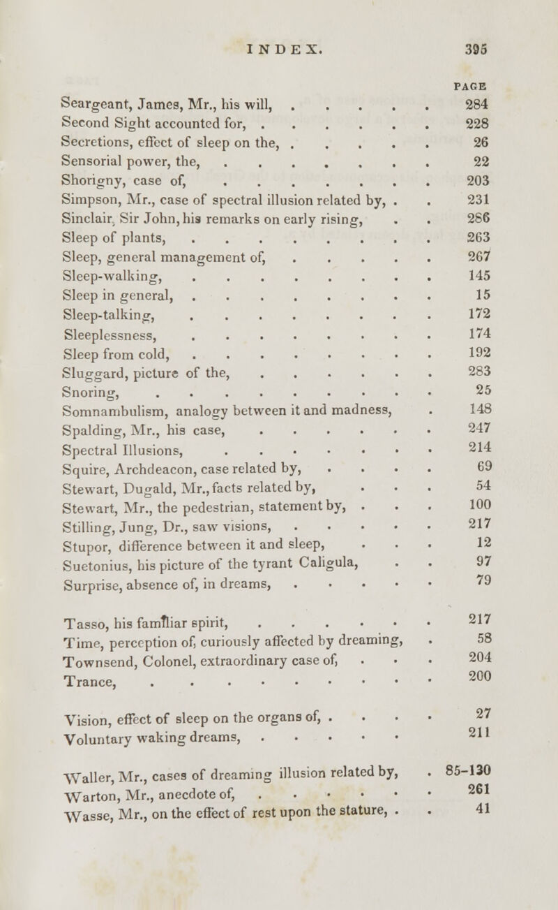 Seargeant, James, Mr., his will, Second Sight accounted for, . Secretions, effect of sleep on the, Sensorial power, the, Shorigny, case of, Simpson, Mr., case of spectral illusion related by, Sinclair, Sir John, his remarks on early rising, Sleep of plants, Sleep, general management of, Sleep-walking, Sleep in general, Sleep-talking, Sleeplessness, Sleep from cold, Sluggard, picture of the, Snoring, .... Somnambulism, analogy between it and madness, Spalding, Mr., his case, Spectral Illusions, Squire, Archdeacon, case related by, Stewart, Dugald, Mr., facts related by, Stewart, Mr., the pedestrian, statement by, Stilling, Jung, Dr., saw visions, Stupor, difference between it and sleep, Suetonius, his picture of the tyrant Caligula Surprise, absence of, in dreams, Tasso, his famfliar spirit, Time, perception of, curiously affected by dreaming Townsend, Colonel, extraordinary case of, Trance, . ..... Vision, effect of sleep on the organs of, . Voluntary waking dreams, .... Waller, Mr., cases of dreaming illusion related by, Warton, Mr., anecdote of, Wasse, Mr., on the effect of rest upon the stature, . 85-130 261 41