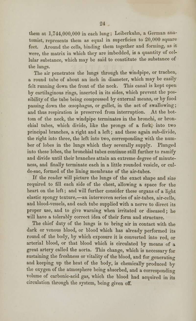 them at 1,744,000,000 in each lung; Leiberkuhn, a German ana- tomist, represents them as equal in superficies to 20,000 square feet. Around the cells, binding them together and forming, as it were, the matrix in which they are imbedded, is a quantity of cel- lular substance, which may be said to constitute the substance of the lungs. The air penetrates the lungs through the windpipe, or trachea, a round tube of about an inch in diameter, which may be easily felt running down the front of the neck. This canal is kept open by cartilaginous rings, inserted in its sides, which prevent the pos- sibility of the tube being compressed by external means, or by food passing down the oesophagus, or gullet, in the act of swallowing; and thus respiration is preserved from interruption. At the bot- tom of the neck, the windpipe terminates in the bronchi, or bron- chial tubes, which divide, like the prongs of a fork,- into two principal branches, a right and a left; and these again sub-divide, the right into three, the left into two, corresponding with the num- ber of lobes in the lungs which they severally supply. Plunged into these lobes, the bronchial tubes continue still further to ramify and divide until their branches attain an extreme degree of minute- ness, and finally terminate each in a little rounded vesicle, or cul- de-sac, formed of the lining membrane of the air-tubes. If the reader will picture the lungs of the exact shape and size required to fill each side of the chest, allowing a space for the heart on the left; and will further consider these organs of a light elastic spongy texture,—an interwoven series of air-tubes, air-cells, and blood-vessels, and each tube supplied with a nerve to direct its proper use, and to give warning when irritated or diseased; he will have a tolerably correct idea of their form and structure. The chief duty of the lungs is to bring air in contact with the dark or venous blood, or blood which has already performed its round of the body, by which exposure it is converted into red, or arterial blood, or that blood which is circulated by means of a great artery called the aorta. This change, which is necessary for sustaining the freshness or vitality of the blood, and for generating and keeping up the heat of the body, is chemically produced by the oxygen of the atmosphere being absorbed, and a corresponding volume of carbonic-acid gas, which the blood had acquired in its circulation through the system, being given off.