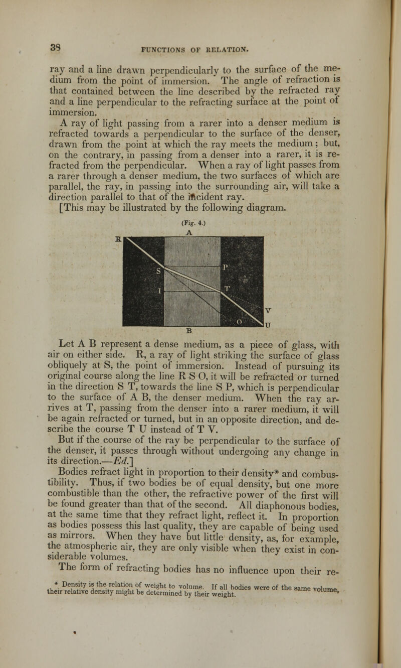 ray and a line drawn perpendicularly to the surface of the me- dium from the point of immersion.  The angle of refraction is that contained between the line described by the refracted ray and a line perpendicular to the refracting surface at the point of immersion. A ray of light passing from a rarer into a denser medium is refracted towards a perpendicular to the surface of the denser, drawn from the point at which the ray meets the medium; but, on the contrary, in passing from a denser into a rarer, it is re- fracted from the perpendicular. When a ray of light passes from a rarer through a denser medium, the two surfaces of which are parallel, the ray, in passing into the surrounding air, will take a direction parallel to that of the Acident ray. [This may be illustrated by the following diagram. Let A B represent a dense medium, as a piece of glass, with air on either side. R, a ray of light striking the surface of glass obliquely at S, the point of immersion. Instead of pursuing its original course along the line R S O, it will be refracted or turned in the direction S T, towards the line S P, which is perpendicular to the surface of A B, the denser medium. When the ray ar- rives at T, passing from the denser into a rarer medium, it will be again refracted or turned, but in an opposite direction, and de- scribe the course T U instead of T V. But if the course of the ray be perpendicular to the surface of the denser, it passes through without undergoing any change in its direction.—Ed.~\ Bodies refract light in proportion to their density* and combus- tibility. Thus, if two bodies be of equal density, but one more combustible than the other, the refractive power of the first will be found greater than that of the second. All diaphonous bodies, at the same time that they refract light, reflect it. In proportion as bodies possess this last quality, they are capable of being used as mirrors. When they have but little density, as, for example, the atmospheric air, they are only visible when they exist in con- siderable volumes. The form of refracting bodies has no influence upon their re- * Density is the relation of weight to volume. If all bodies were of the same volume their relative density might be determined by their weight. •volume,
