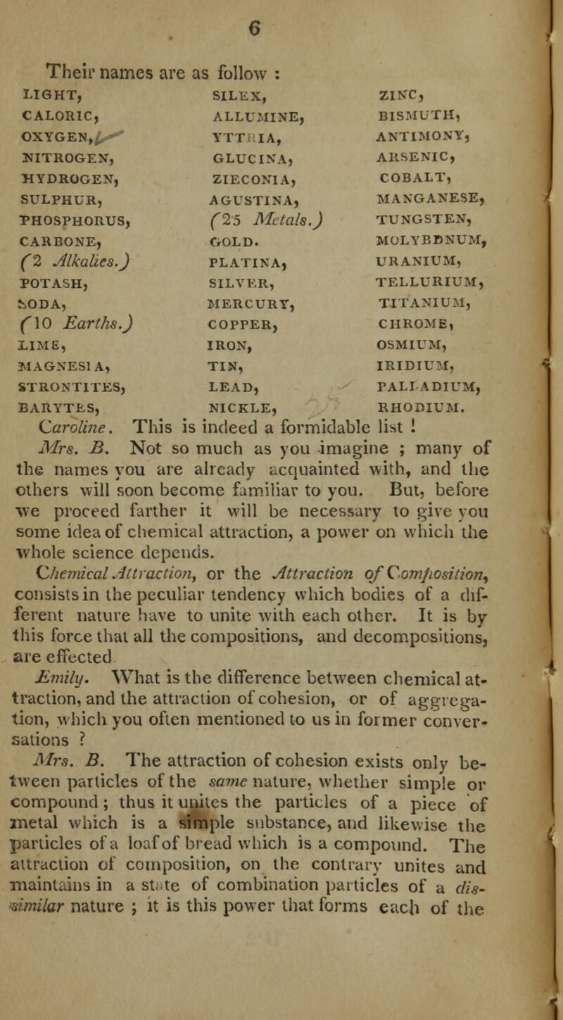 Their names are as follow : LIGHT, SILEX, ZINC, CALORIC, ALLUMINE, BISMUTH, OXYGEN,^**' YTT IA, ANTIMONY, KITROGEN, GLUCINA, ARSENIC, HYDROGEN, ZIECON1A, COBALT, SULPHUR, AGUSTINA, MANGANESE, phosphorus, f25 Metals.) tungsten, CARBONE, GOLD. MOLYBDNUM, (2 Alkalies.) platina, uranium, POTASH, SILVER, TELLURIUM, J.ODA, MERCURY, TITANIUM, (\Q Earths.) copper, chrome, LIME, IRON, OSMIUM, MAGNESIA, TIN, IRIDIUM, STRONT1TES, LEAD, PALLADIUM, BARYTES, NICKLE, RHODIUM. Caroline. This is indeed a formidable list ! Mrs. B. Not so much as you imagine ; many of the names you are already acquainted with, and the others will soon become familiar to you. But, before we proceed farther it will be necessary to give you some idea of chemical attraction, a power on which the whole science depends. Chemical Attraction, or the Attraction of Comjiosition, consists in the peculiar tendency which bodies of a dif- ferent nature have to unite with each other. It is by this force that all the compositions, and decompositions, are effected Emily. What is the difference between chemical at- traction, and the attraction of cohesion, or of aggrega- tion, which you often mentioned to us in former conver- sations ? Mrs. B. The attraction of cohesion exists only be- tween particles of the same nature, whether simple or compound; thus it unites the particles of a piece of metal which is a simple substance, and likewise the particles of a loaf of bread which is a compound. The attraction of composition, on the contrary unites and maintains in a su.te of combination particles of a dis- similar nature ; it is this power that forms each of the