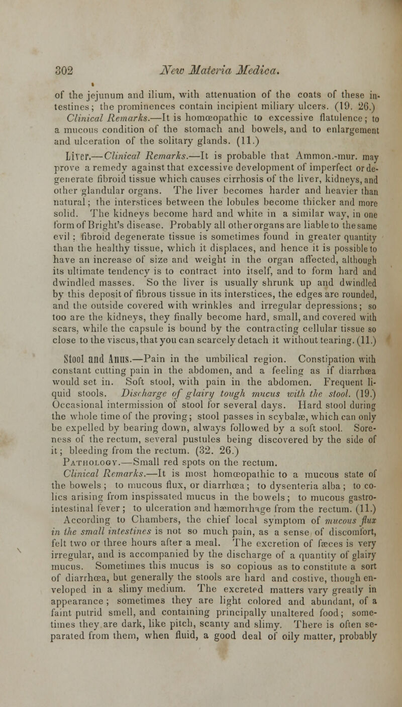 i of the jejunum and ilium, with attenuation of the coats of these in- testines; the prominences contain incipient miliary ulcers. (19. 26.) Clinical Remarks.—It is homoeopathic lo excessive flatulence; to a mucous condition of the stomach and bowels, and to enlargement and ulceration of the solitary glands. (11.) Liver.— Clinical, Remarks.—It is probable that Amnion.-mur. may prove a remedy against that excessive development of imperfect or de- generate fibroid tissue which causes cirrhosis of the liver, kidneys, and other glandular organs. The liver becomes harder and heavier than natural; the interstices between the lobules become thicker and more solid. The kidneys become hard and white in a similar way, in one form of Bright's disease. Probably all other organs are liable to the same evil : fibroid degenerate tissue is sometimes found in greater quantity than the healthy tissue, which it displaces, and hence it is possible to have an increase of size and weight in the organ affected, although its ultimate tendency is to contract into itself, and to form hard and dwindled masses. So the liver is usually shrunk up and dwindled by this deposit of fibrous tissue in its interstices, the edges are rounded, and the outside covered with wrinkles and irregular depressions; so too are the kidneys, they finally become hard, small, and covered with scars, while the capsule is bound by the contracting cellular tissue so close to the viscus, that you can scarcely detach it without tearing. (11.) Stool and Anus.—Pain in the umbilical region. Constipation with constant cutting pain in the abdomen, and a feeling as if diarrhoea would set in. Soft stool, with pain in the abdomen. Frequent li- quid stools. Discharge of glairy tough mucus with the stool. (19.) Occasional intermission of stool for several days. Hard stool during the whole time of the proving; stool passes in scybalae, which can only be expelled by bearing down, always followed by a soft stool. Sore- ness of the rectum, several pustules being discovered by the side of it; bleeding from the rectum. (32. 26.) Pathology.—Small red spots on the rectum. Clinical Remarks.—It is most homoeopathic to a mucous state of the bowels ; to mucous flux, or diarrhoea ; to dysenteria alba ; to co- lics arising from inspissated mucus in the bowels; to mucous gastro- intestinal fever ; to ulceration and haemorrhage from the rectum. (1.1.) According to Chambers, the chief local symptom of mucous flux in the small intestines is not so much pain, as a sense of discomfort, felt two or three hours after a meal. The excretion of faeces is very irregular, and is accompanied by the discharge of a quantity of glairy mucus. Sometimes this mucus is so copious as to constitute a sort of diarrhoea, but generally the stools are hard and costive, though en- veloped in a slimy medium. The excreted matters vary greatly in appearance ; sometimes they are light colored and abundant, of a faint putrid smell, and containing principally unaltered food; some- times they are dark, like pitch, scanty and slimy. There is often se- parated from them, when fluid, a good deal of oily matter, probably