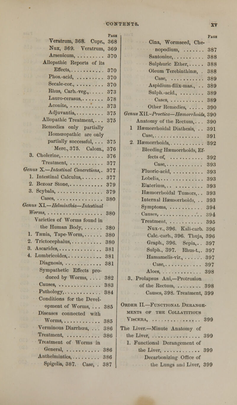 Pagb Veratrum, 368. Cupr., 368 Nux, 369. Veratrum, 369 Arsenicum, 370 Allopathic Reports of its Effects, 370 Phos.-acid, 370 Secale-cor., 370 Rhus, Carb.-veg., 373 Lauro-cerasus, 578 Aconite, \ . . . 373 Adjuvantia, 375 Allopathic Treatment,.. . 375 Remedies only partially Homoeopathic are only partially successful, ... 375 Merc, 375. Calom., 376 3. Cholerine, 376 Treatment, 377 Genus X.—Intestinal Concretions,. 377 1. Intestinal Calculus, 377 2. Bezoar Stone, 379 3. Scybala, 379 Cases, 380 Genus XI.—Helminthia—Intestinal Worms, 380 Varieties of Worms found in the Human Body, 380 1. Taenia, Tape-Worm, 380 2. Trictocephalus, 380 3. Ascarides, 381 4. Lumbricoides, 381 Diagnosis, 381 Sympathetic Effects pro- duced by Worms, .... 382 Causes, 383 Pathology, 384 Conditions for the Devel- opment of Worms, .. . 385 Diseases connected with Worms, 385 Verminous Diarrhoea, ... 386 Treatment, 386 Treatment of Worms in General, 386 Anthelmintics, 386 Spigelia, 387. Case, . 387 Page Cina, Wormseed, Che- nopodium, 387 Santonine, 388 Sulphuric Ether, 388 Oleum Terebinthinae, . 388 Case, 389 Aspidium-filix-mas., . . 389 Sulph.-acid., 389 Cases, 389 Other Remedies, 390 Genus XlL-Pi-octica—Hmmorrhoids, 390 Anatomy of the Rectum,. . . 390 1 Haemorrhoidal Diathesis, . . 391 Case, 391 2. Haemorrhoids, 392 Bleeding Haemorrhoids, Ef- fects of, 392 Case, 393 Fluoric-acid, 393 Lobelia, 393 Elaterium, 393 Haemorrhoidal Tumors,. . 393 Internal Haemorrhoids, . . 393 Symptoms, 394 Causes, *.. 394 Treatment, 395 Nux-v., 396. Kali-carb. 396 Calc.-carb., 396. Thuja, 396 Graph., 396. Sepia,. . 397 Sulph., 397. Rhus-t.,. 397 Hamamelis-vir., 397 Case, 397 Aloes, 398 3. Prolapsus Ani,—Protrusion of the Rectum, 398 Causes, 398. Treatment, 399 Order II.—Functional Derange- ments OP THE COLLATITIOUS Viscera, 399 The Liver.—Minute Anatomy of the Liver, 399 1. Functional Derangement of the Liver, 399 Decarbonizing Office of the Lungs and Liver, 399