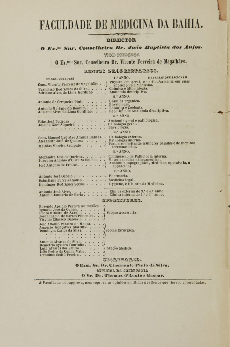 FACULDADE DE MEDICINA DA BAHIA. DIRECTOR O JEje,mo Sttr, Con8cl/teirtt M9i'. <Foiio Miaplisla fios Ii>joh< 0 Ex.ra0 Snr. Conselheiro Dr. Vicente Ferreira de Magalhães. assoas sm^sissifimisd)^ OS SRS. DOUTORES l.'ANNO. MATF.niAS Ql'K I.ICIONAM • , «„„oii,-;.c \ Physica cm geral, c particularmente cm suas Cons. Vicente Ferreira de Magalhães . .j applicações a Medicina. Francisco Rodrigues da Silva Chimica c Mineralogia. Adriano Alves de Lima Gordilho . . . Anatomia descriptiva. a.' ANNO. António de Cerqueira Pinto Chimica orgânica. . Physiologia. António Mariano do uomtim Botânica e Zoologia. Adriano Alves de Lima Gordilho. . . . Repetição de Anatomia descripliva. . ^ , 5.* ANNO. Elias José Pedroza Anatomia geral cpathologica. José de Góes Siqueira Pathologla geral. Physiologla. 4.» ANNO. Cons. Manoel Ladisláo Aranha Dantas. . Palhologla externa. Alexandre José de Queiroz Pathologla Interna. ) Partos, moléstias de mulheres pejadas c de menino* Mathlas Moreira Sampaio j rcccinnascldos. 8. ANNO. Alexandre José de Queiroz Continuação de Pathologia interna. Joaiiuim António d'OIiveira Botelho . . Matéria medica c therapeutica. , / , . „ ... ) Anatomia topographica, Medicina operatória,e José António de lreitas J apparelhos o.* ANNO. António José Ozorio Pharmacia. Salustiano Ferreira Souto Medicina legal. Domingos Rodrigues Seixas llygiene, e Historiada Medicina. António José Alves Clinica externa do 3.'c 4.° anno. António Januário de Faria Clinica interna do 5.'c 0. anuo. <D3>;5KDS2!Í(D&!33» Rozendo Apri?io Pereira Guimarães. .) Ignaclo José da Canha f Pedro Ribeiro de Araújo ) Secção Acccssoria. José Ignaclo de Barros Pimentel • • -1 Virgílio Cllmaco Damazlo / Josc AfTonso Paraizo de Moura. . . .\ Augusto Gonçalves Martins f Domingos Carlos da Silva JSecção Cirúrgica. António Alvares da Silva \ DemétrioCyriaco lourinho ( Luiz Alvares dos Santos } Secção Medica. João Pedro da Cunha Valle \ Jerónimo Sodié Pereira - 3t2S21!2!?&S>2D» O C.vm. íír. Wr.Cincinnato Pinto tia Silva. <b?i2mbi a)ii BanuaíJiMii O Sr. Wr. Tliomaz d'Aquino Gaspar. A Faculdade ikioapprova, nem reprova as opiniões cmiltidus nas theses que lhe são apresentada-).