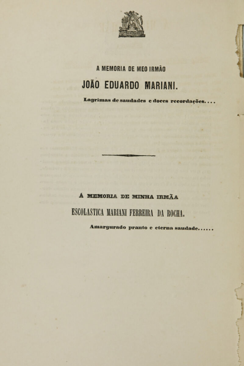 A MEMORIA DE MEO IRMÃO I JOÃO EDUARDO MARIANI. Lagrimas de saudades e doces recordações.... Á MEMORIA DE MINHA IBMÃA ESCOLÁSTICA MARIANI FERREIRA DA ROCHA. Amargurado pranto e eterna saudade.