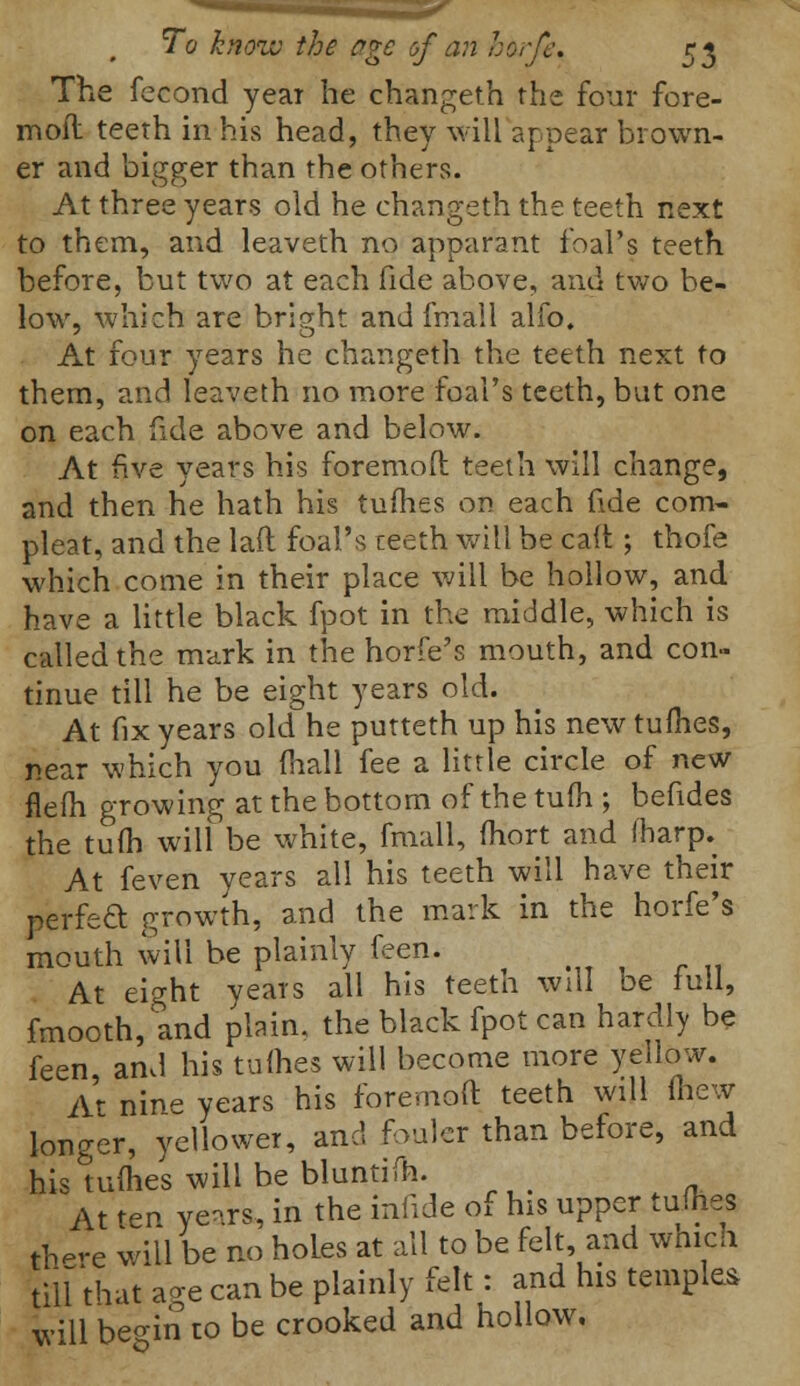 The fecond year he changeth the four fore- mofl teeth in his head, they will appear brown- er and bigger than the others. At three years old he changeth the teeth next to them, and leaveth no apparant foal's teeth before, but two at each fide above, and two be- low, which are bright and final 1 alfo. At four years he changeth the teeth next to them, and leaveth no more foal's teeth, but one on each fide above and below. At five years his foremoft teeth will change, and then he hath his tufhes on each fide com- pleat, and the laft foal's teeth will be calt; thofe which come in their place will be hollow, and have a little black fpot in the middle, which is called the mark in the horfe's mouth, and con- tinue till he be eight years old. At fix years old he putteth up his new tufhes, near which you (hall fee a little circle of new flefh growing at the bottom of the turn ; befides the turn will be white, fmall, fhort and fharp. At feven years all his teeth will have their perfed growth, and the mark in the horfe's mouth will be plainly feen. At eight years all his teeth will be lull, fmooth, and plain, the black fpot can hardly be feen ami his tufhes will become more yellow. At nine years his foremoft teeth will mew longer, yellower, and fouler than before, and his tufhes will be bluntifh. At ten years, in the iniide of his upper tufhes th~e will be no holes at all to be felt, and which M that ao-e can be plainly felt: and his temples will begin to be crooked and hollow.