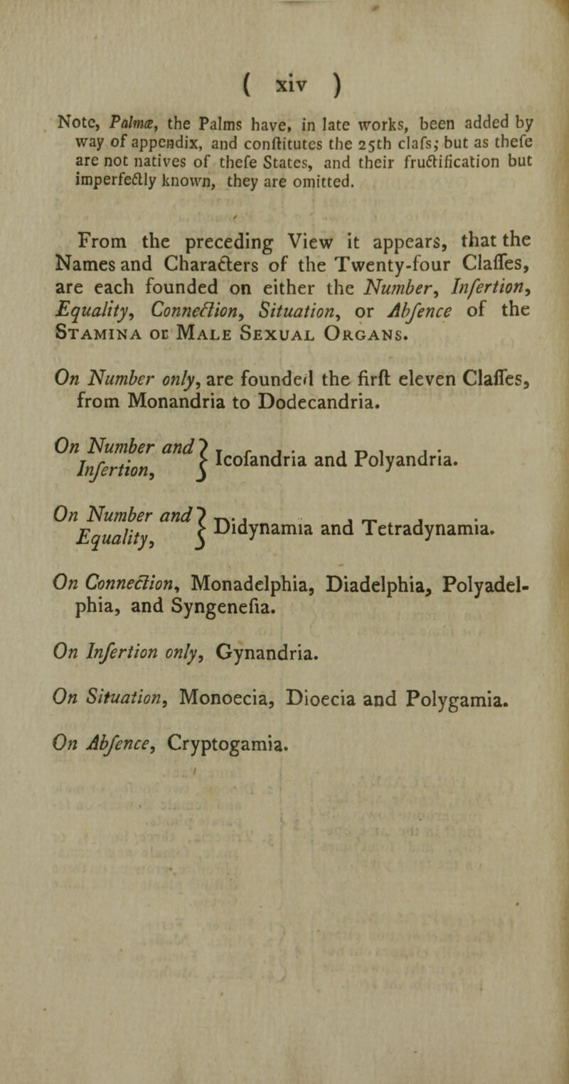 Note, Palmce, the Palms have, in late works, been added by way of appendix, and constitutes the 25th clafs,- but as thefe are not natives of thefe States, and their fructification but imperfectly known, they are omitted. From the preceding View it appears, that the Names and Characters of the Twenty-four Gaffes, are each founded on either the Number, Infertion, Equality, Connexion, Situation, or Abfence of the Stamina or Male Sexual Organs. On Number only, are founded the firft eleven Gaffes, from Monandria to Dodecandria. On Number and ~> T r , . , „ , , . Infertion, $ Icofandna and Polyandria' On Number and ? -p.. , , „, , Equality, J DldYnamia ^d Tetrady namia. On Connection, Monadelphia, Diadelphia, Polyadel- phia, and Syngenefia. On Infertion only, Gynandria. On Situation, Monoecia, Dioecia and Polygamia. On Abfence, Cryptogamia.