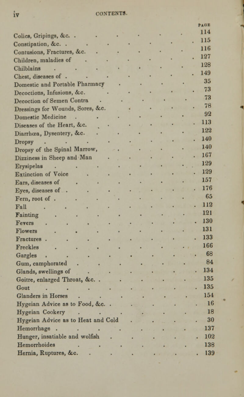 Colics, Griping9, &c. . Constipation, &c. . Contusions, Fractures, &c. Children, maladies of Chilblains Chest, diseases of . Domestic and Portable Pharmacy Decoctions, Infusions, &c. Decoction of Semen Contra Dressings for Wounds, Sores, &c. Domestic Medicine Diseases of the Heart, &c. Diarrhoea, Dysentery, &c. Dropsy Dropsy of the Spinal Marrow, Dizziness in Sheep and Man Erysipelas Extinction of Voice Ears, diseases of Eyes, diseases of . Fern, root of . Fall Fainting Fevers Flowers Fractures . Freckles Gargles Gum, camphorated Glands, swellings of Goitre, enlarged Throat, &c. Gout Glanders in Horses Hygeian Advice as to Food, &,c. Hygeian Cookery Hygeian Advice as to Heat and Cold Hemorrhage . Hunger, insatiable and wolfish Hemorrhoides Hernia, Ruptures, &c. PAOE 114 115 116 127 128 149 35 73 73 78 92 113 122 140 140 1G7 129 129 157 176 65 112 121 130 131 133 166 68 84 134 135 . 135 154 16 18 30 137 . 102 138 . 139