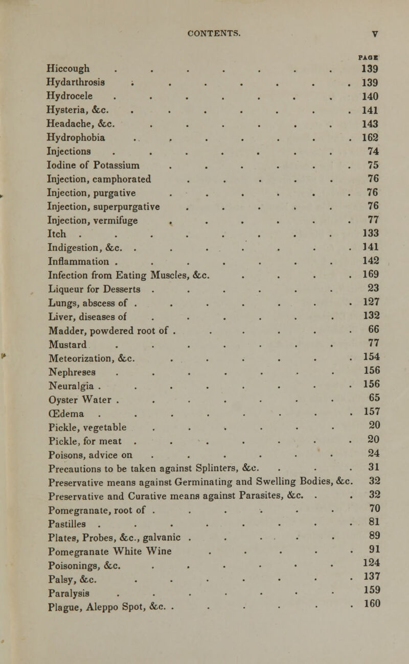 Hiccough Hydarthrosis ; Hydrocele Hysteria, &c. Headache, &c. Hydrophobia . , Injections Iodine of Potassium Injection, camphorated Injection, purgative Injection, superpurgative Injection, vermifuge Itch . Indigestion, &c. . Inflammation . Infection from Eating Muscles, &c Liqueur for Desserts . Lungs, abscess of . Liver, diseases of Madder, powdered root of . Mustard Meteorization, &c. Nephreses Neuralgia . Oyster Water . (Edema Pickle, vegetable Pickle, for meat . Poisons, advice on Precautions to be taken against Splinters, &e. Preservative means against Germinating and Swelling Bodies, &c Preservative and Curative means against Parasites, &c. . Pomegranate, root of . Pastilles . Plates, Probes, &c., galvanic Pomegranate White Wine Poisonings, &c. Palsy, &c. Paralysis Plague, Aleppo Spot, &c. .