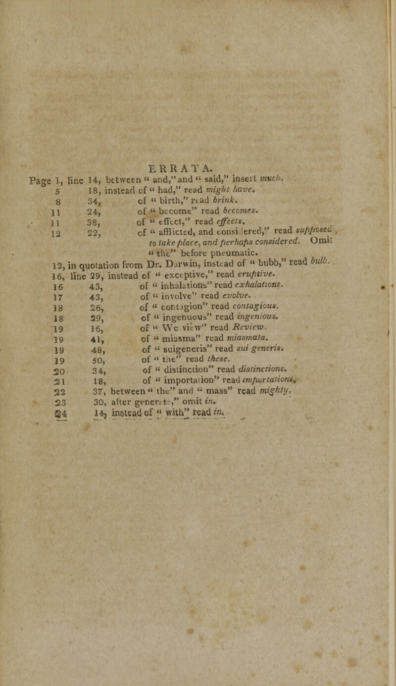 ERRATA. Page 1, line 14, between and,and said, insert much, 5 18, instead of  had, read might have. 8 34, of  birth, read brink, 11 24, of  become read becomes. 11 38, of  effect, read effects. 12 22, cf  afflicted, and consi Iered, read sufifioseu , to take place, and fierhafis considered. Omit « the before pneumatic. 12, in quotation from Dr. Darwin, instead of « bubb, read bulb. 16, line 29, instead of  exceptive, read eruptive. 16 43, of  inhalations read exhalations. 17 43, of  involve read evolve. 18 26, of  contjgion read contagious. 18 29, of  ingenuous read ingenious. 19 16, of  We view read Review. 19 41, of  miasma read miasmata. 19 48, of  suigeneris read sui generis. 19 50, of  the read these. 20 34, of  distinction read distinctions. 21 18, of  importation read importations t 32 37, between  the and « mass read mighty, 23 30, alter grnerttr, omit in. $4. 14? instead of  with read int