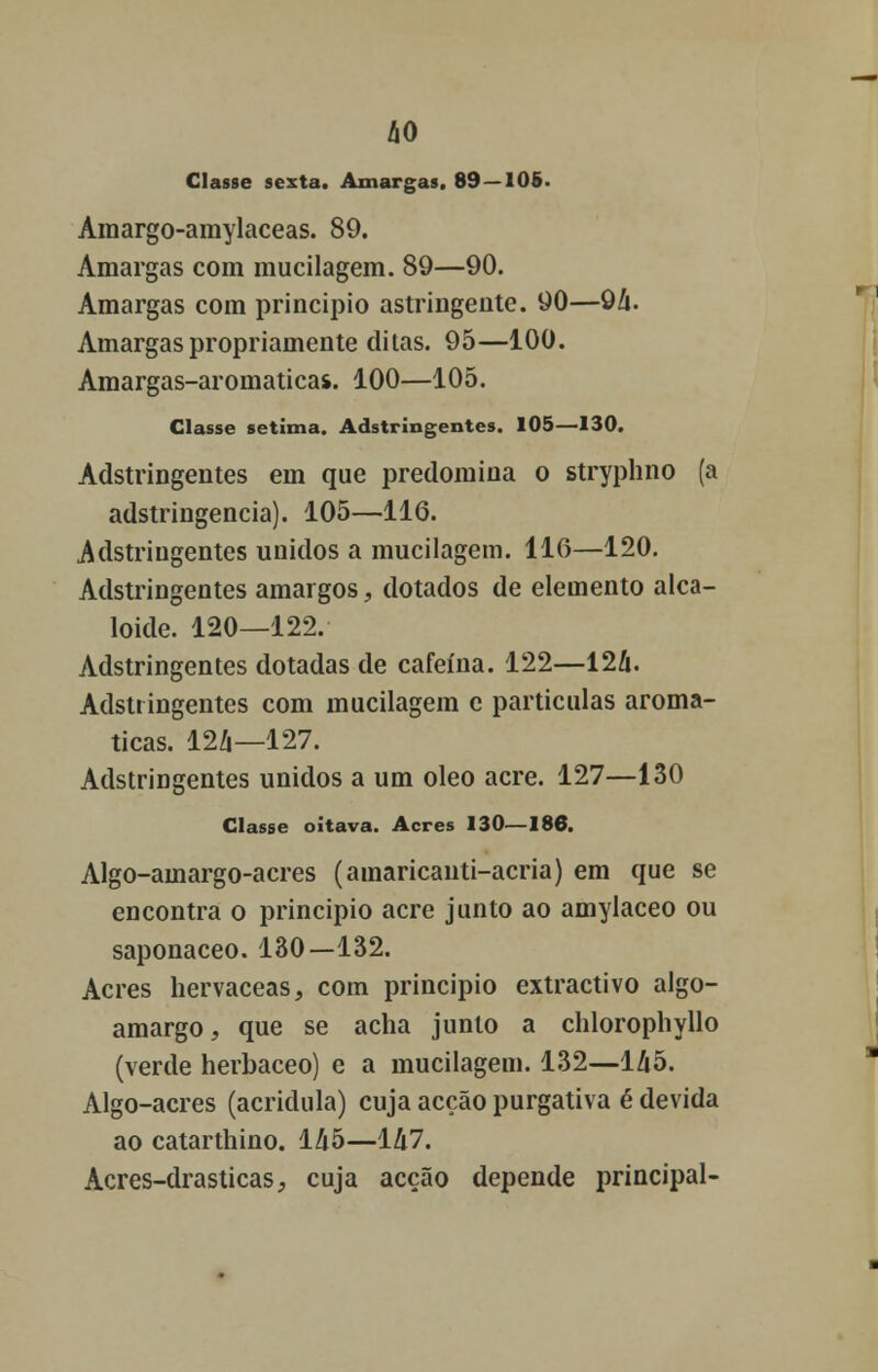 AO Classe sexta. Amargas. 89 — 105. Amargo-amylaceas. 89. Amargas com mucilagem. 89—90. Amargas com principio astringente. 90—94. Amargas propriamente ditas. 95—100. Amargas-aromaticas. 100—105. Classe sétima. Adstringentes. 105—130. Adstringentes em que predomina o stryphno (a adstringência). 105—116. Adstringentes unidos a mucilagem. 116—120. Adstringentes amargos, dotados de elemento alca- lóide. 120—122. Adstringentes dotadas de cafeína. 122—124. Adstringentes com mucilagem c partículas aromá- ticas. 12A—127. Adstringentes unidos a um óleo acre. 127—130 Classe oitava. Acres 130—186. Algo-amargo-acres (ainaricanti-acria) em que se encontra o principio acre junto ao amylaceo ou saponaceo. 130—132. Acres hervaceas, com principio extractivo algo- amargo, que se acha junto a chlorophyllo (verde herbáceo) e a mucilagem. 132—1A5. Algo-acres (acridula) cuja acção purgativa é devida ao catarthino. 145—147. Acres-drasticas, cuja acção depende principal-