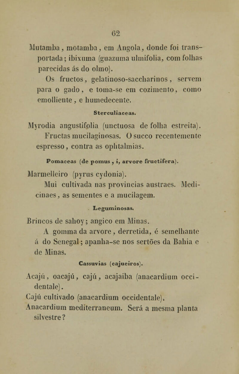 Mutaniba, motamba, cm Angola, donde foi trans- portada; ibixuma (guazuma uhnifolia, com folhas parecidas ás do olmo). Os fructos, gelatinoso-saccharinos, servem para o gado, e toma-se em cozimento, como emolliente, e humedecentc. Sterculiaceas. Myrodia angustifolia (unctuosa de folha estreita). Fructas mncilaginosas. O sueco recentemente espresso, contra as ophtalmias. Pomaceas (de pomus , i, arvore fruetifera). Marmellciro (pyrus cydonia). Mui cultivada nas províncias austraes. Medi- cinaes, as sementes e a mucilagem. . Leguminosas. Brincos de sahoy; angico em Minas. A gomina da arvore, derretida, é semelhante á do Senegal; apanha-se nos sertões da Bahia e de Minas. Cassuvias (cajueiros). Acajú, oacajú, caju, acajaiba (anacardium occi- dentale). Caju cultivado (anacardium occidentale), Anacardium mediterraneum. Será a mesma planta silvestre ?