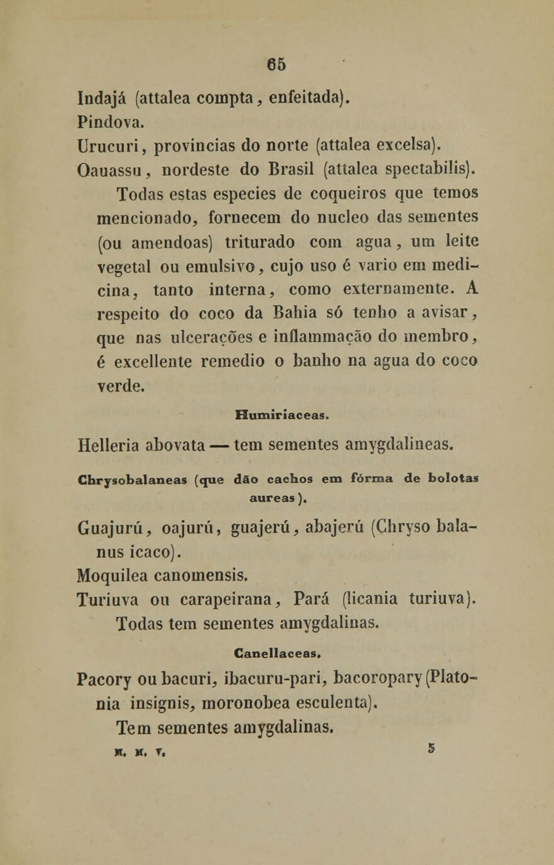 Indajá (attalea coinpta, enfeitada). Pindova. Urucuri, províncias do norte (attalea excelsa). Qauassu, nordeste do Brasil (attalea spectabilis). Todas estas espécies de coqueiros que temos mencionado, fornecem do núcleo das sementes (ou amêndoas) triturado com agua, um leite vegetal ou emulsivo, cujo uso é vario em medi- cina, tanto interna, como externamente. A respeito do coco da Bahia só tenho a avisar, que nas ulcerações e inflammação do membro, é excellente remédio o banho na agua do coco verde. Humiriaceas. Helleria abovata — tem sementes amygdalineas. Chrysobalaneas (que dão cachos em forma de bolotas áureas). Guajurú, oajurú, guajerú, abajerú (Ghryso bala- nus icaco). Moquilea canomensis. Turiuva ou carapeirana, Pará (licania turiuva). Todas tem sementes amygdalinas. Canellaceas. Pacory ou bacuri, ibacuru-pari, bacoropary (Plato- nia insignis, rnoronobea esculenta). Tem sementes amygdalinas. H. M. T, 5